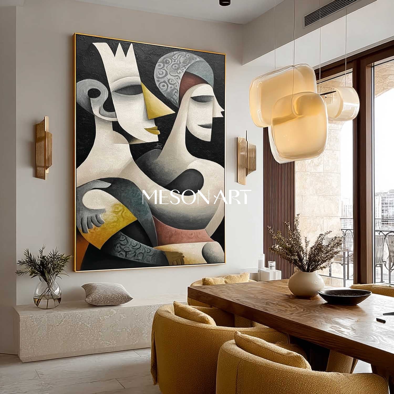 Oversized Black Abstract Art Vertical Canvas Cubist Hallway Wall Decor