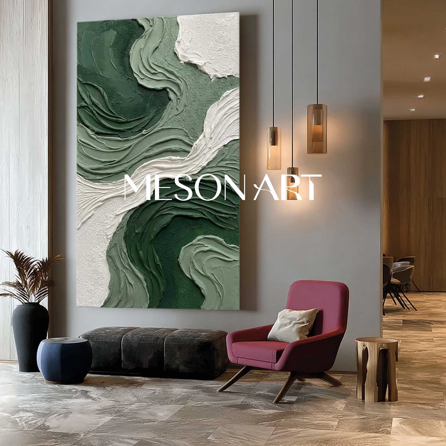 Large 3D Green Decorative Wall Art Abstract Green Textured Painting In The Dining Room.