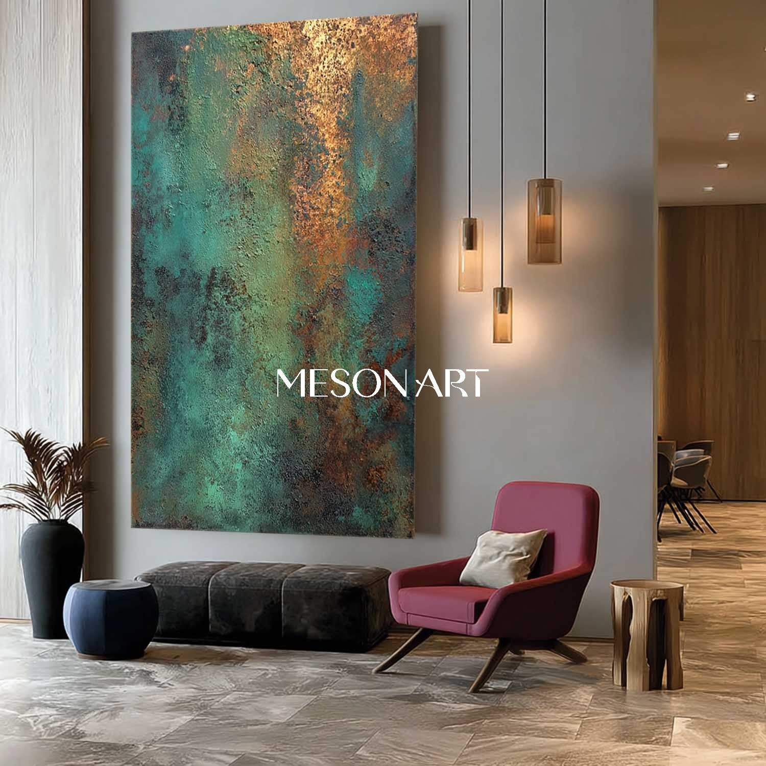 Large Green and Bronze Abstract Art Canvas On Sale Entryway Wall Decor