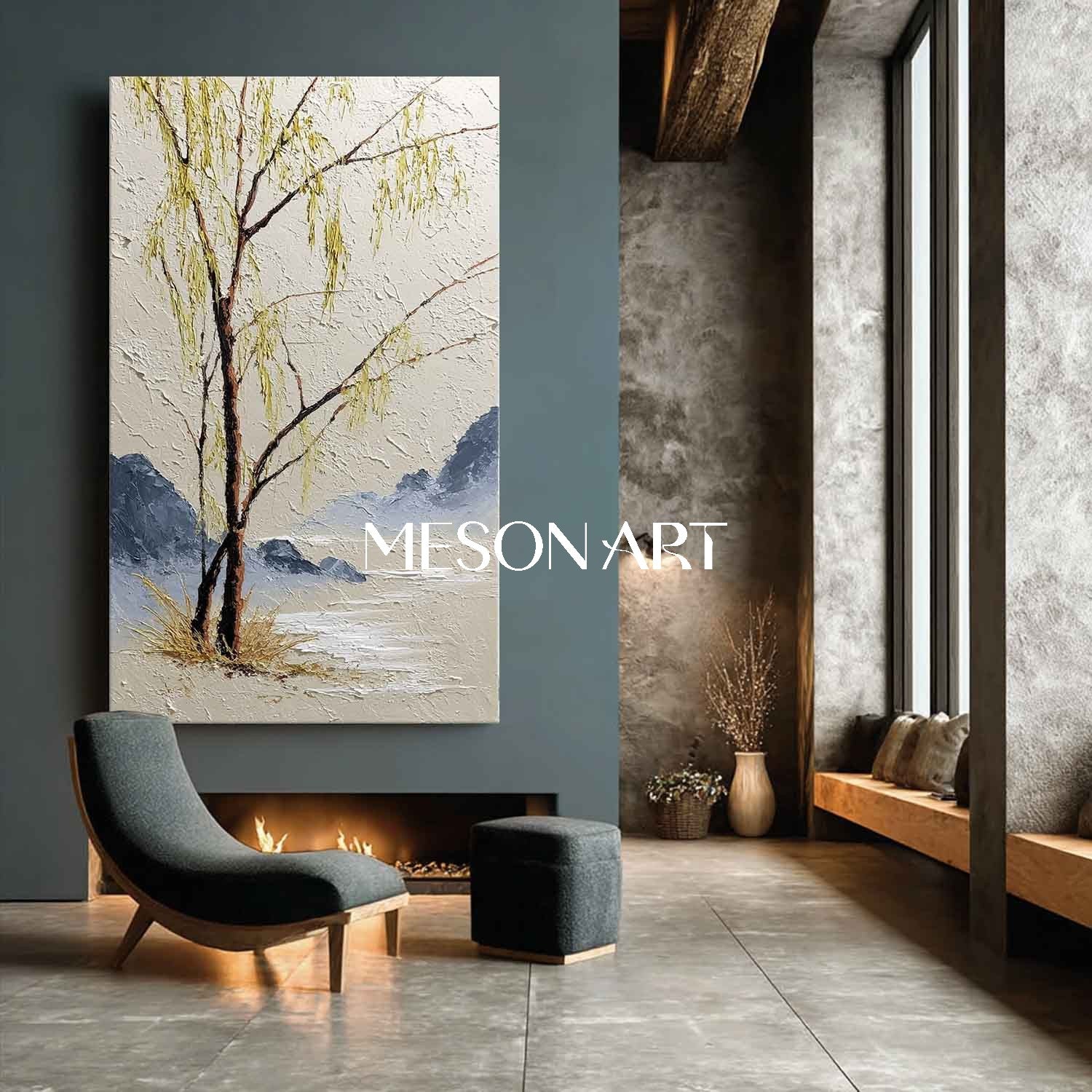 Contemporary Asian Landscape Art with Willow Trees – Mesonart Studio Original
