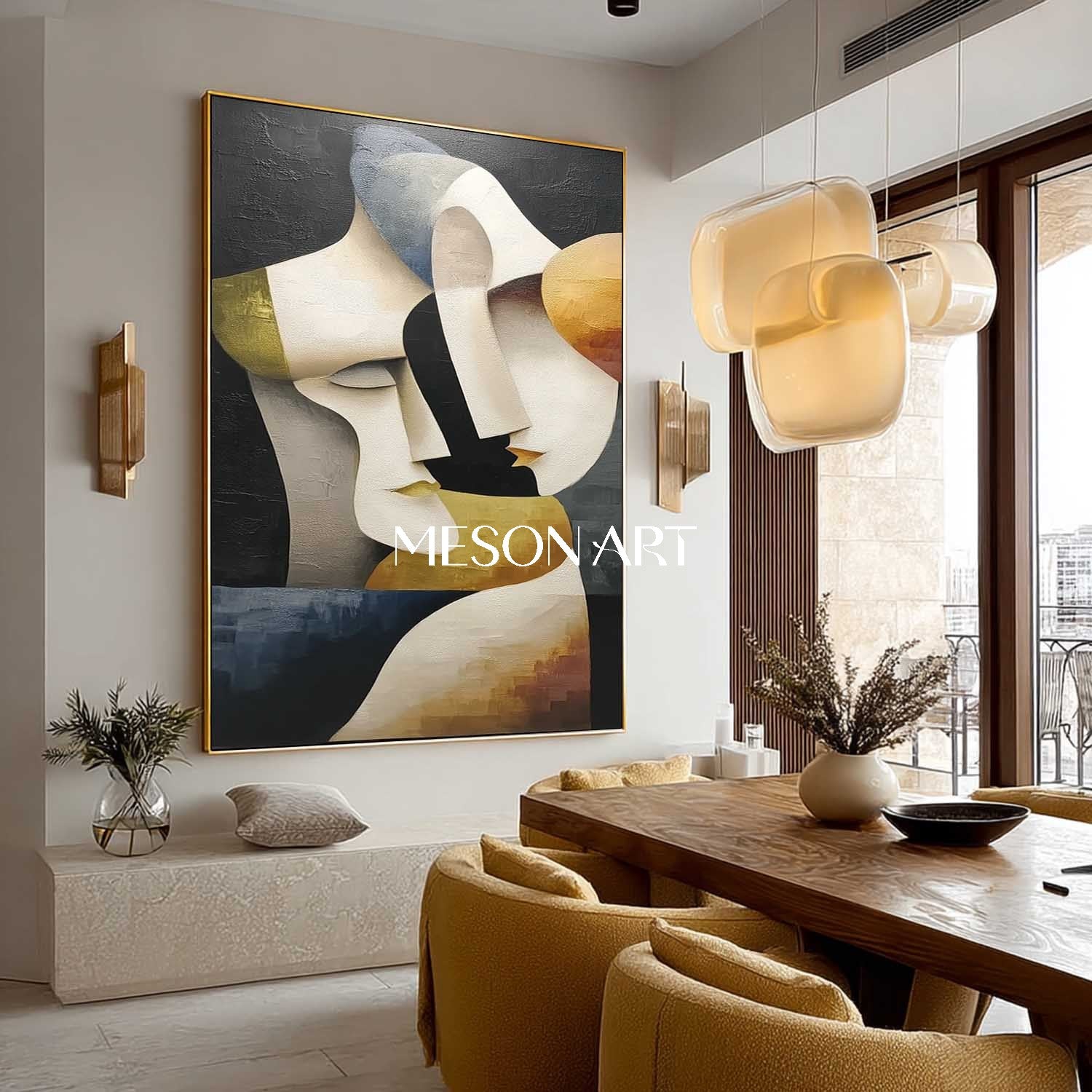Original Vertical Luxury Cubist Couple Black Gold Hand-Painted Canvas