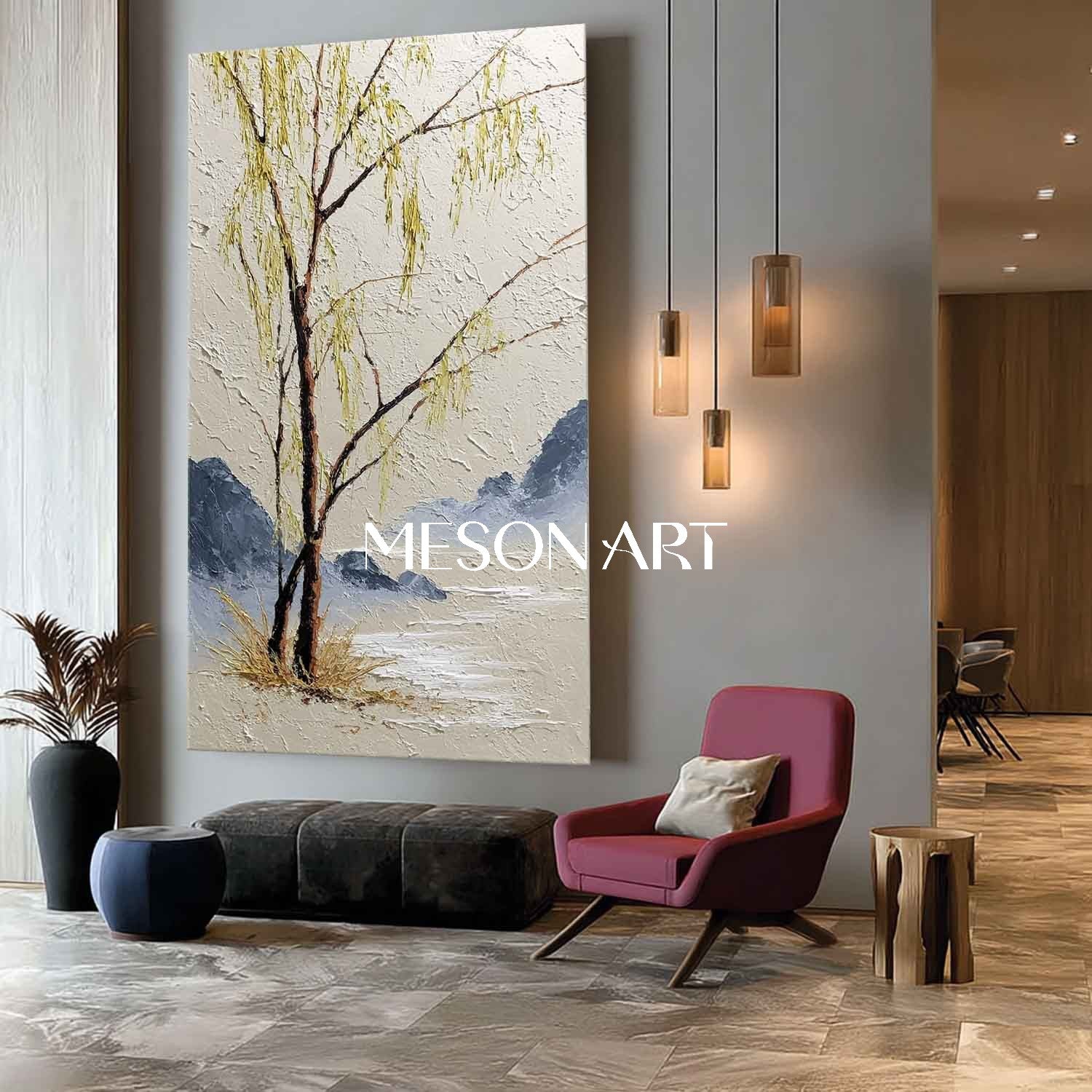 Contemporary Asian Landscape Art with Willow Trees – Mesonart Studio Original