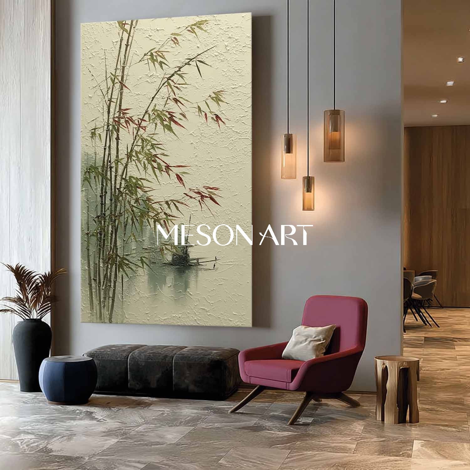 Calm Bamboo Scene on Linen Canvas – Hand-Painted Wabi-Sabi Art | Mesonart