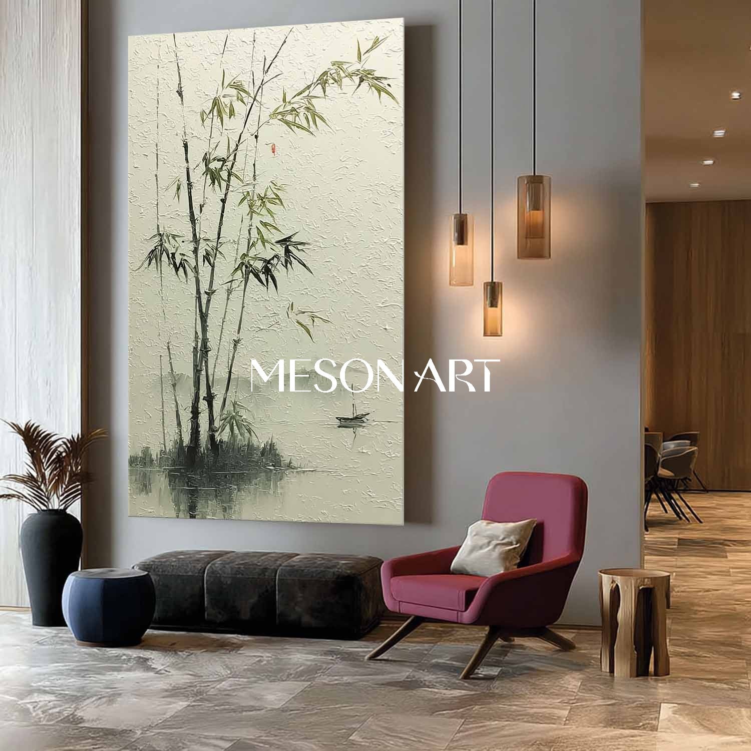 Wabi-Sabi Bamboo Painting on Canvas – Minimalist Wall Art by Mesonart