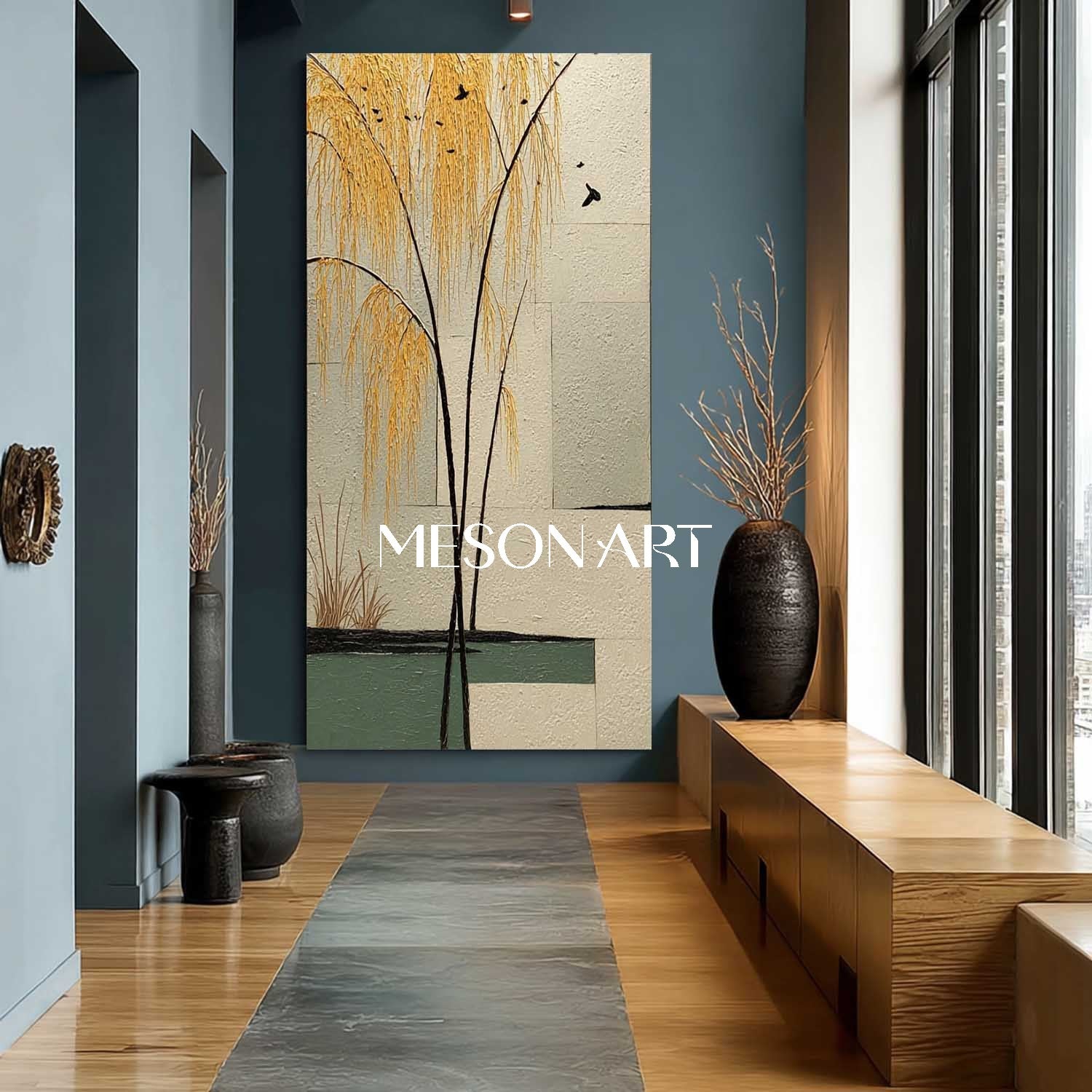 Tranquil Chinese Landscape Wall Art with Willow Trees | Mesonart Original