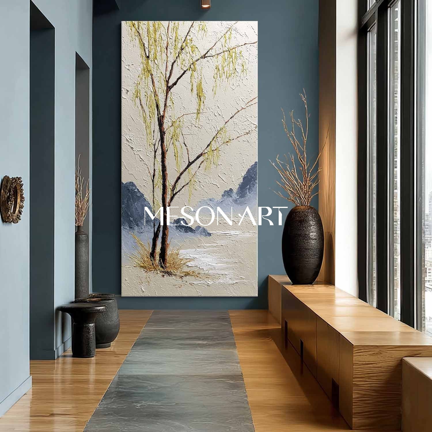 Contemporary Asian Landscape Art with Willow Trees – Mesonart Studio Original