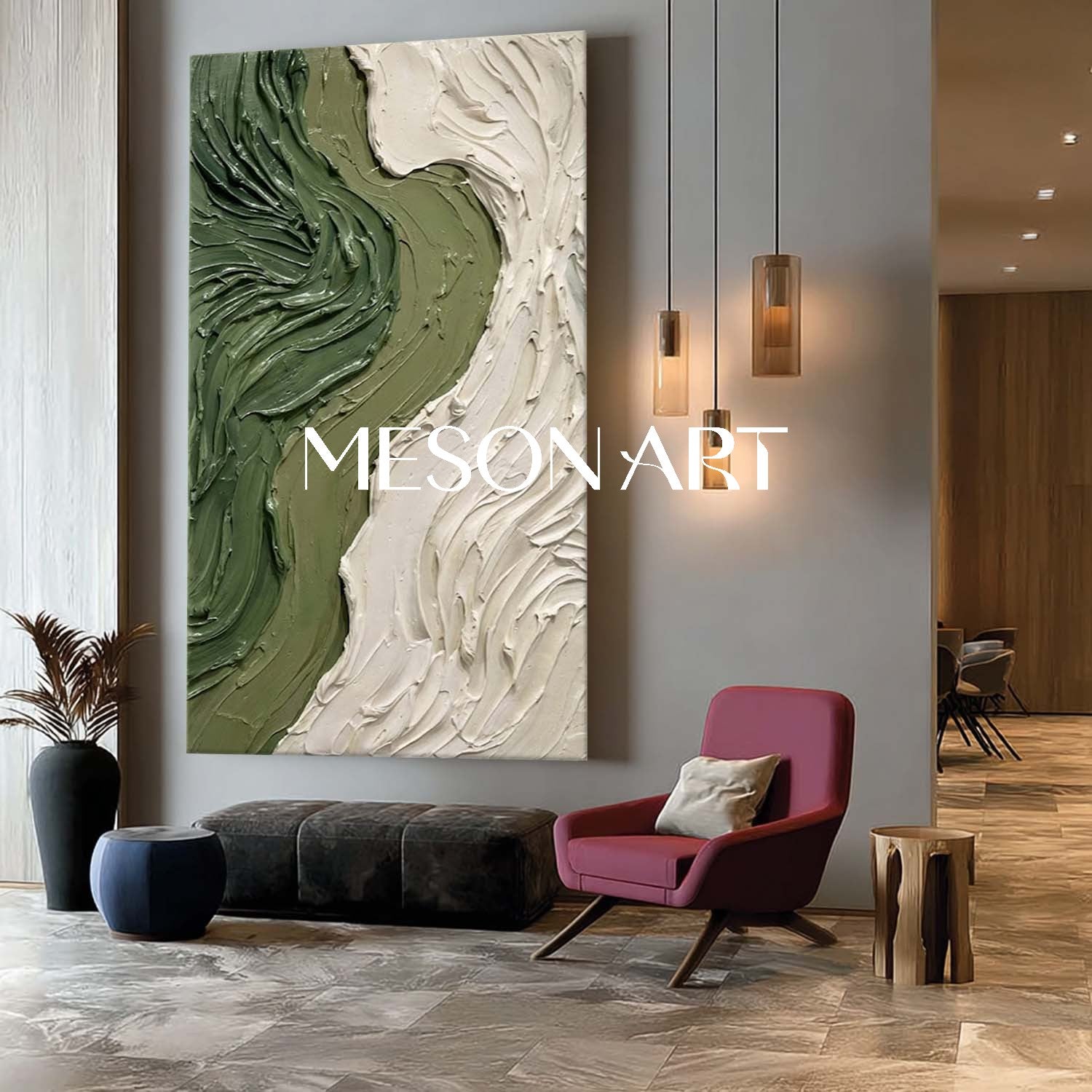 Staircase Landing Wall Decor Dark Green Canvas Art Modern Two Tone Art