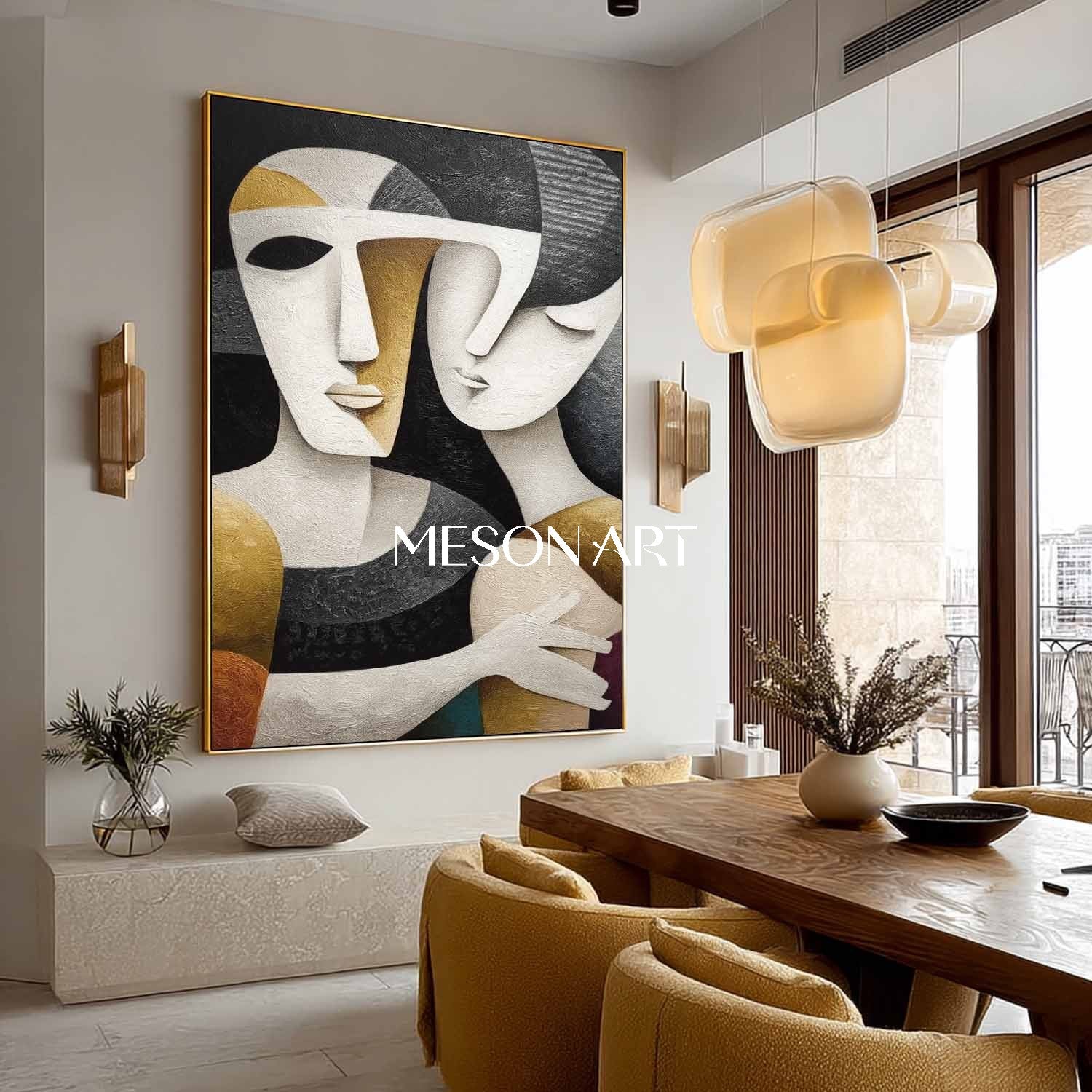 Large Black Textured Vertical Cubist Figure Art Minimalist Wall Decor