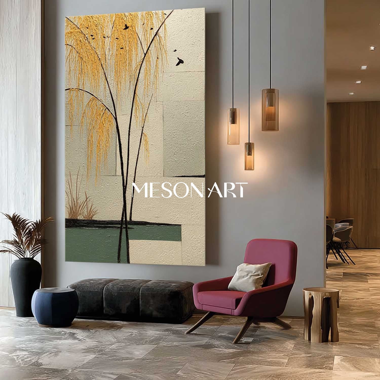 Tranquil Chinese Landscape Wall Art with Willow Trees | Mesonart Original