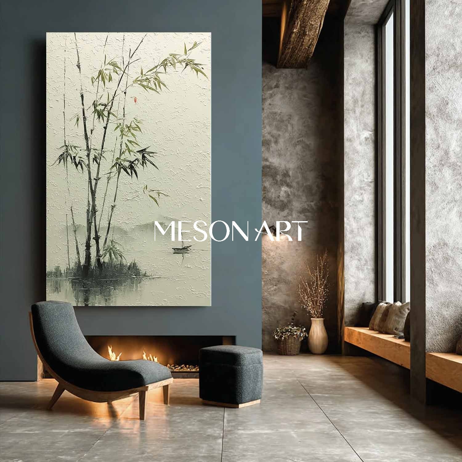 Wabi-Sabi Bamboo Painting on Canvas – Minimalist Wall Art by Mesonart