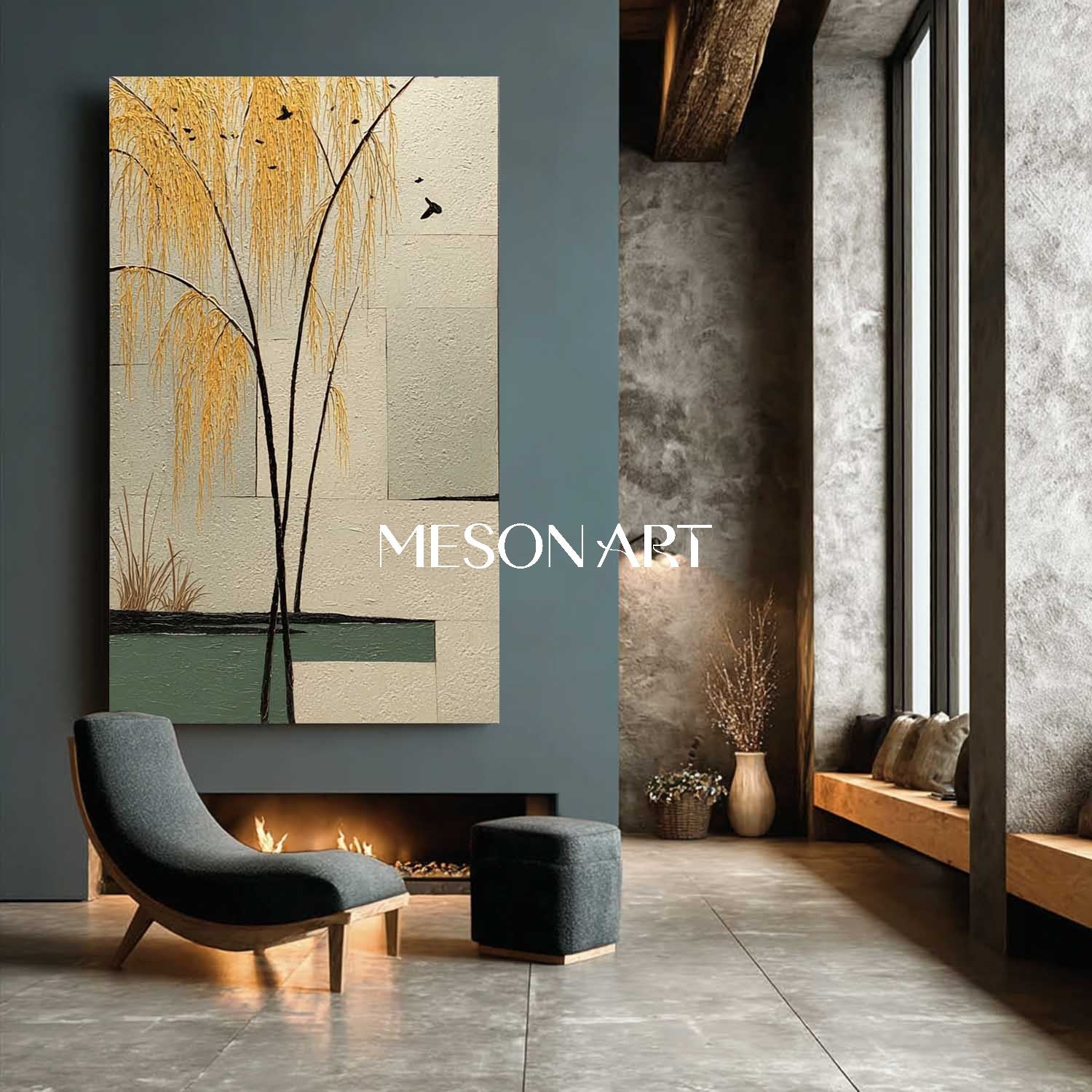 Tranquil Chinese Landscape Wall Art with Willow Trees | Mesonart Original