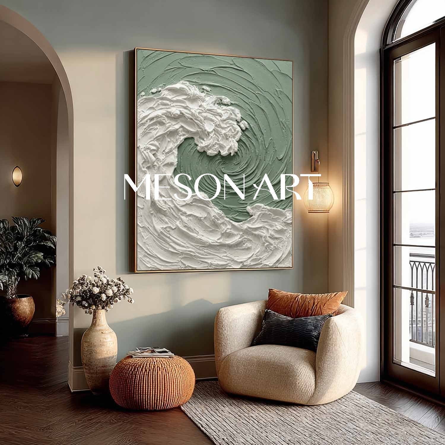 Light Green Textured Abstract Beach Canvas Paintings Light Green Coastal Art