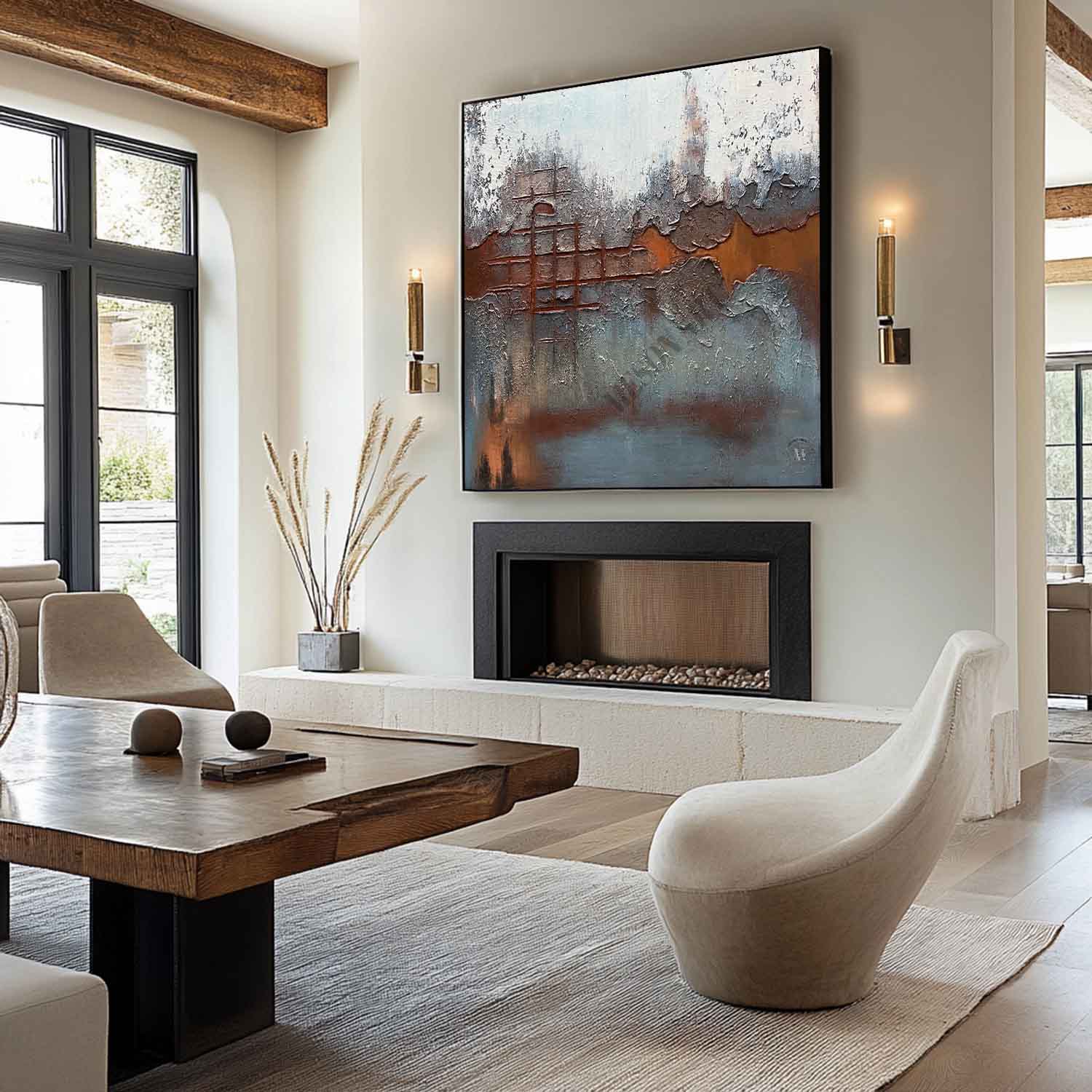 Brown and Blue Abstract Art Canvas for Sale Brown and Blue Minimalist Painting Wabi-Sabi Wall Art