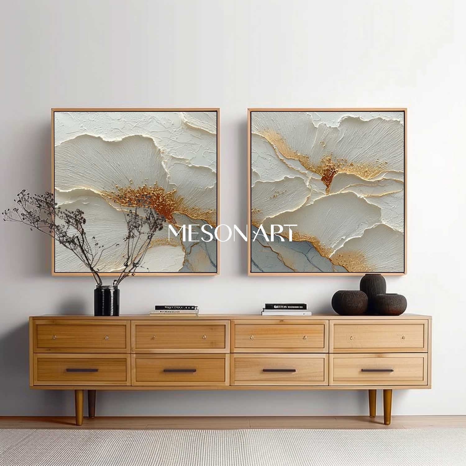 Luxury White and Gold Plaster Canvas Art, Elegant Plaster Flower Paintings for Home Decor