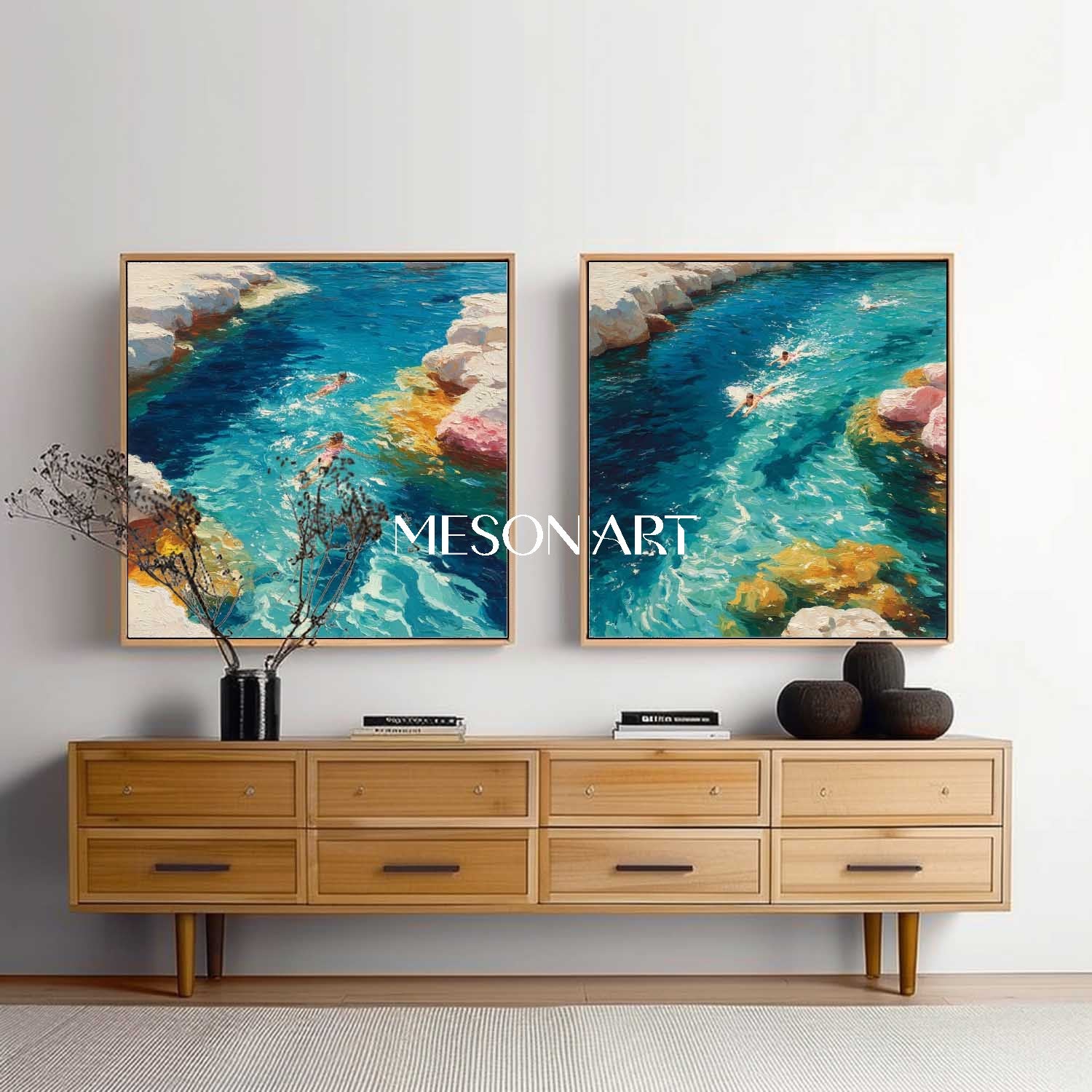 Large Seaside Swimming Canvas Art 2 Piece Set For sale Summer Holiday Wall Paintings