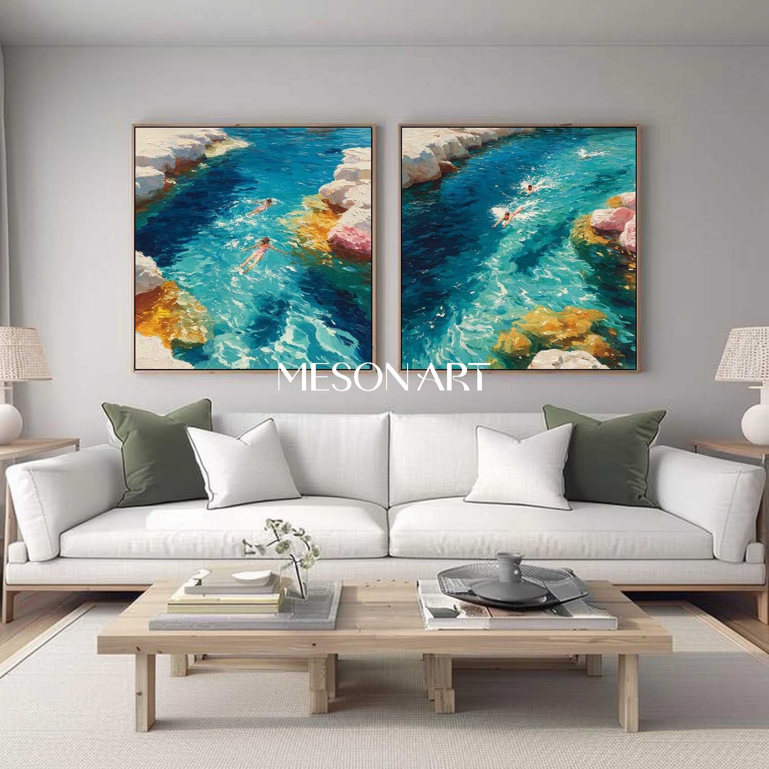 Large Seaside Swimming Canvas Art 2 Piece Set For sale Summer Holiday Wall Paintings