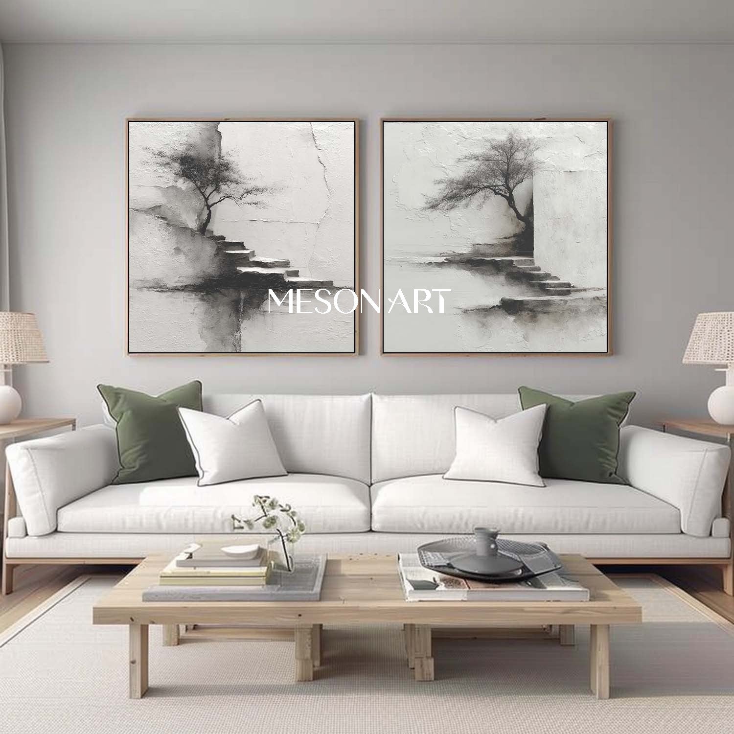 Modern ink landscape painting 2-piece set black and white wabi-sabi art landscape Japanese painting