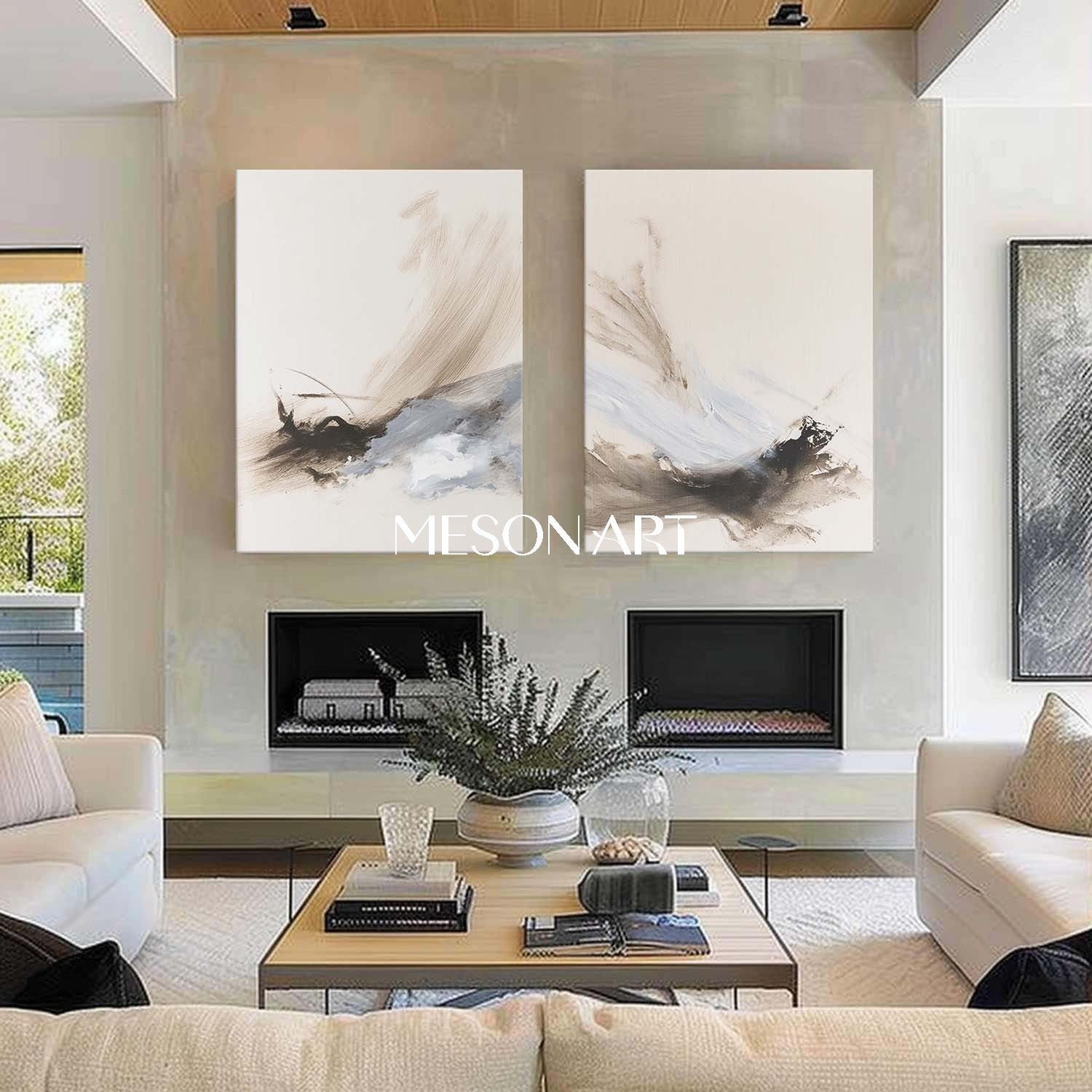2 Piece Set for Sale Off-White Wall Art Decoration Ideas Chinese Ink Style Abstract Art