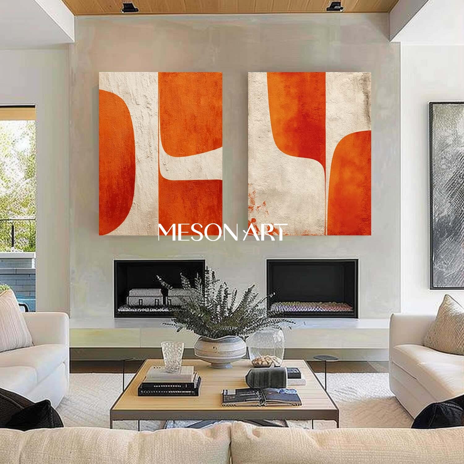 Abstract Geometric Canvas Set Orange Minimalist Wall Art for Living Room