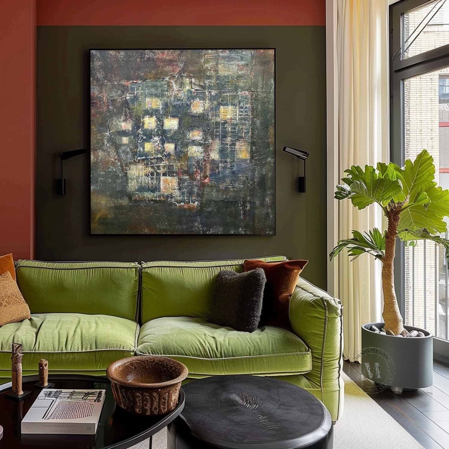 Large Dark Green Minimalist Painting for Sale Wabi-Sabi Wall Art Dark Green Texture Abstract Art