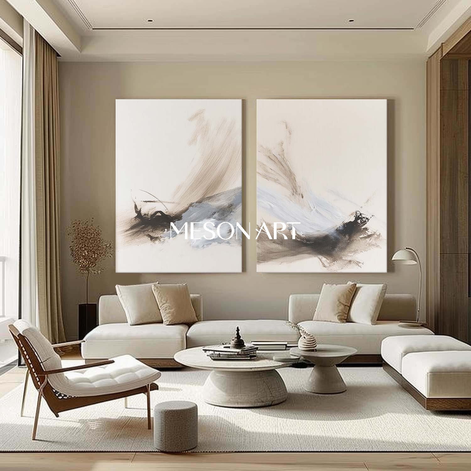 2 Piece Set for Sale Off-White Wall Art Decoration Ideas Chinese Ink Style Abstract Art