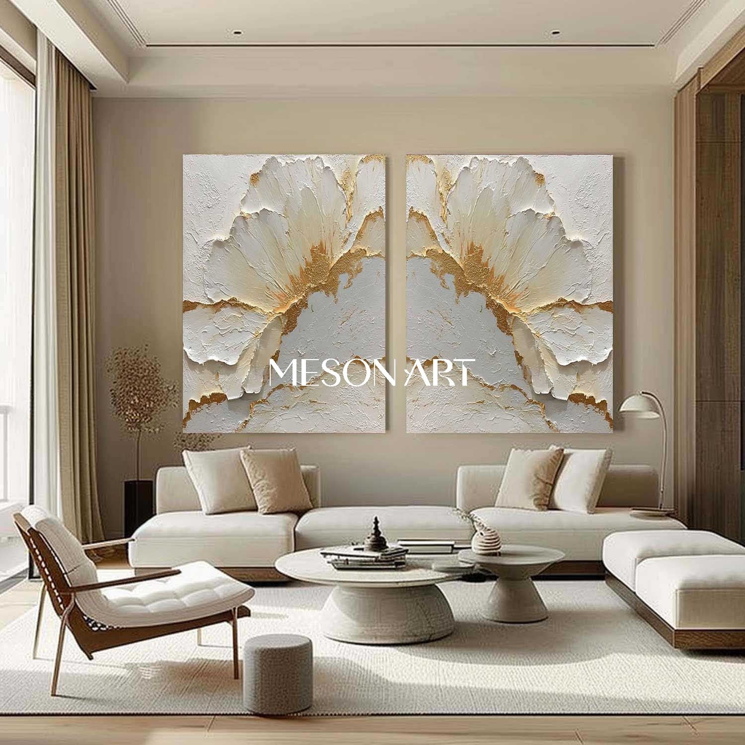 2-Piece Set White and Gold Plaster Texture Paintings for Sale, Plaster Flower Art