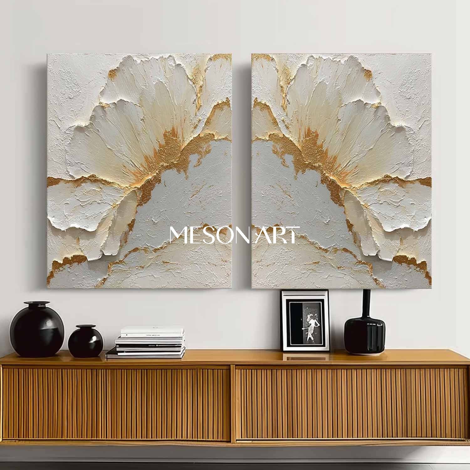 2-Piece Set White and Gold Plaster Texture Paintings for Sale, Plaster Flower Art
