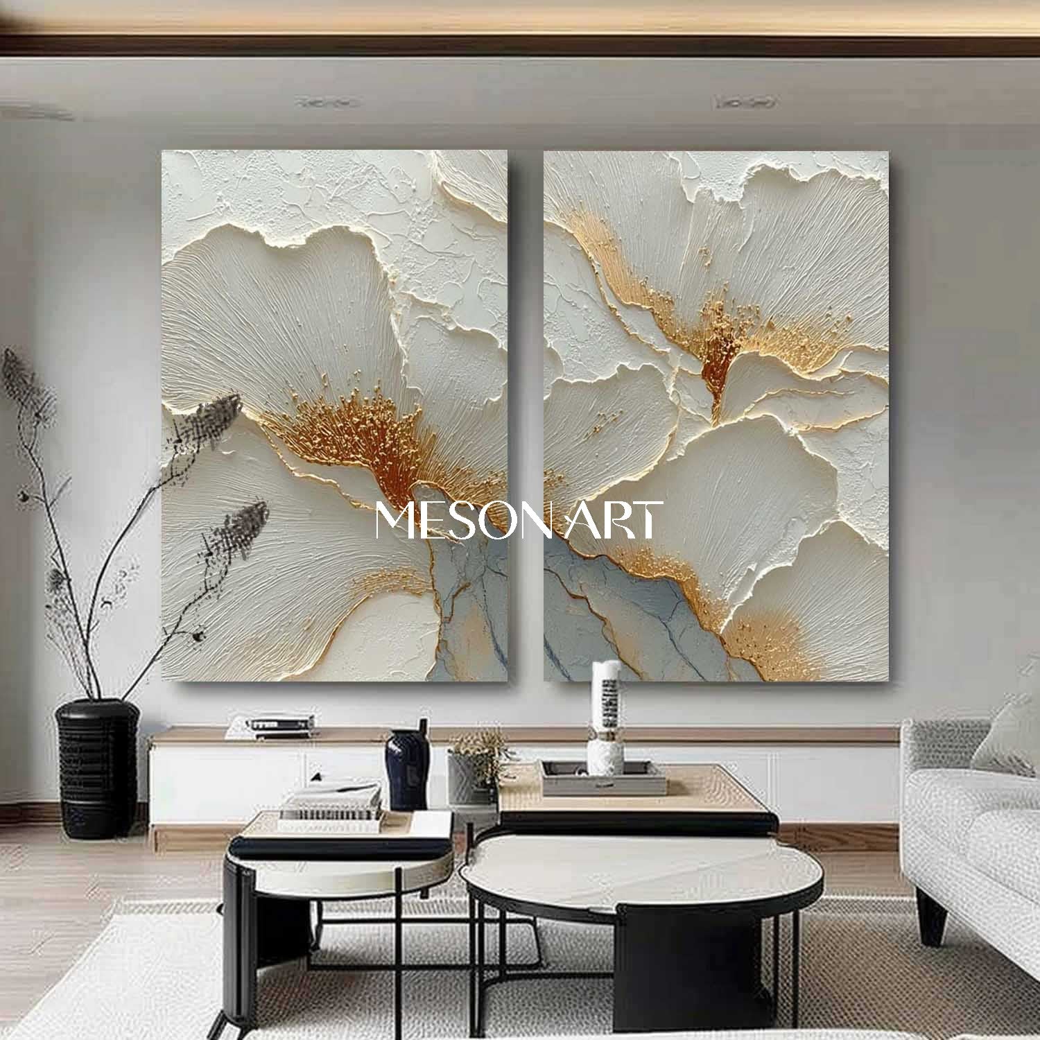 2-Piece Set White and Gold Plaster Canvas Art for Sale, Plaster Flower Paintings
