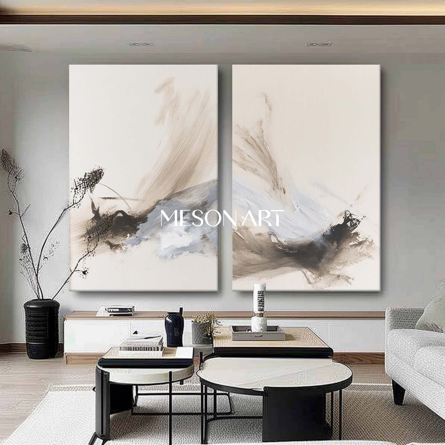 2 Piece Set for Sale Off-White Wall Art Decoration Ideas Chinese Ink Style Abstract Art