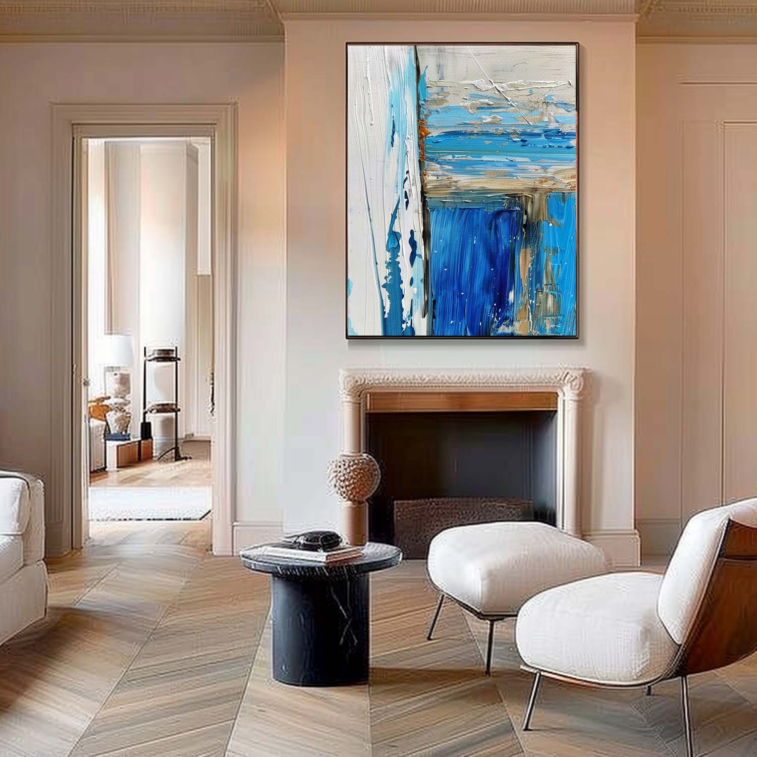 Large Blue Abstract Textured Canvas Painting Blue and White Art Blue and White Abstract Wall Art Decor