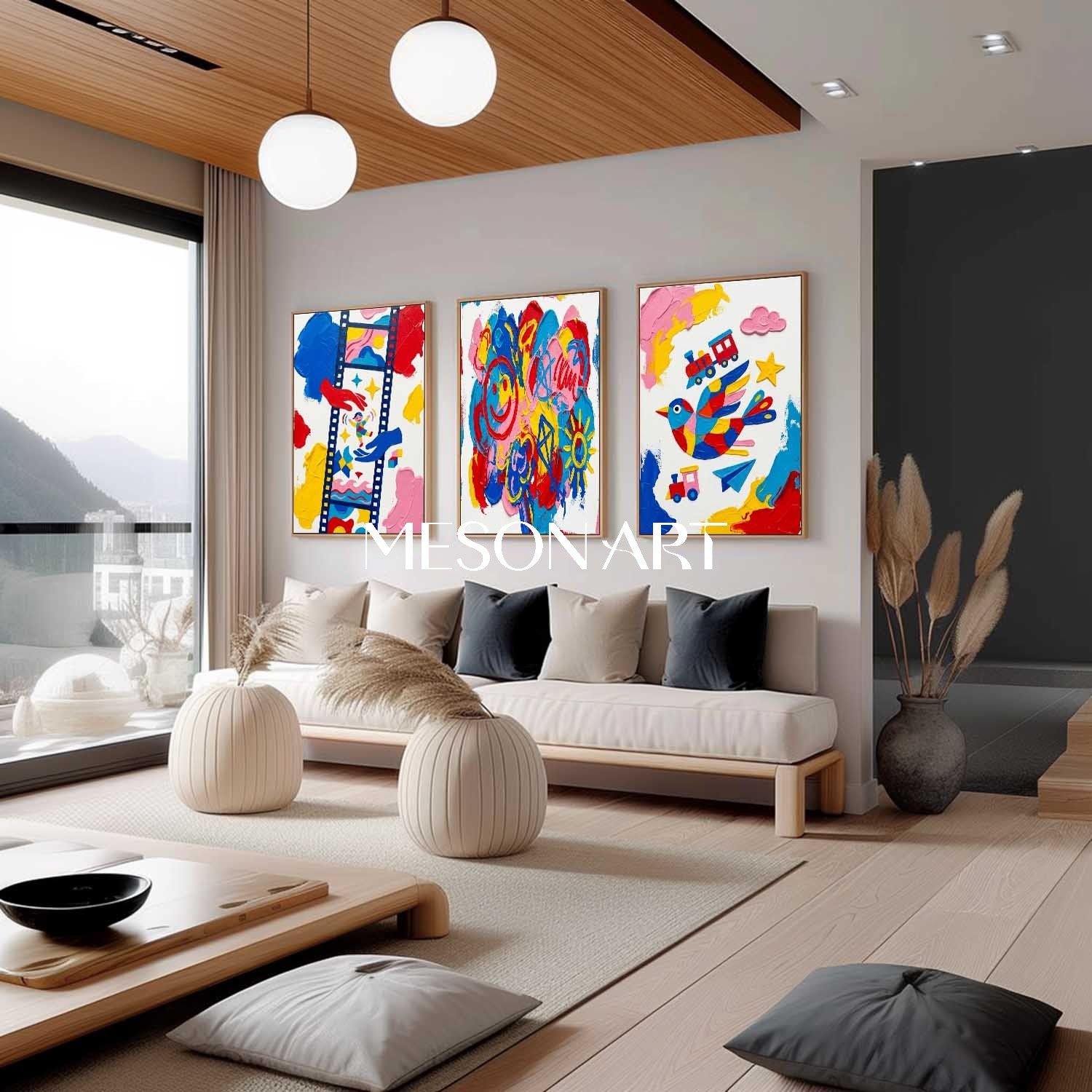 Original Kids Wall Art Set of 3 Modern Pop Art Canvas Colorful Contemporary Triptych