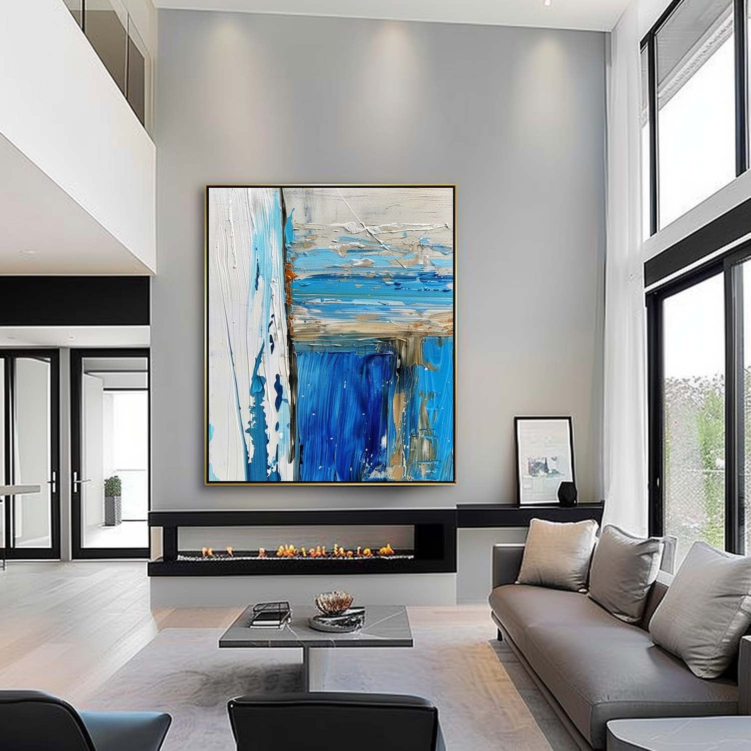 Large Blue Abstract Textured Canvas Painting Blue and White Art Blue and White Abstract Wall Art Decor