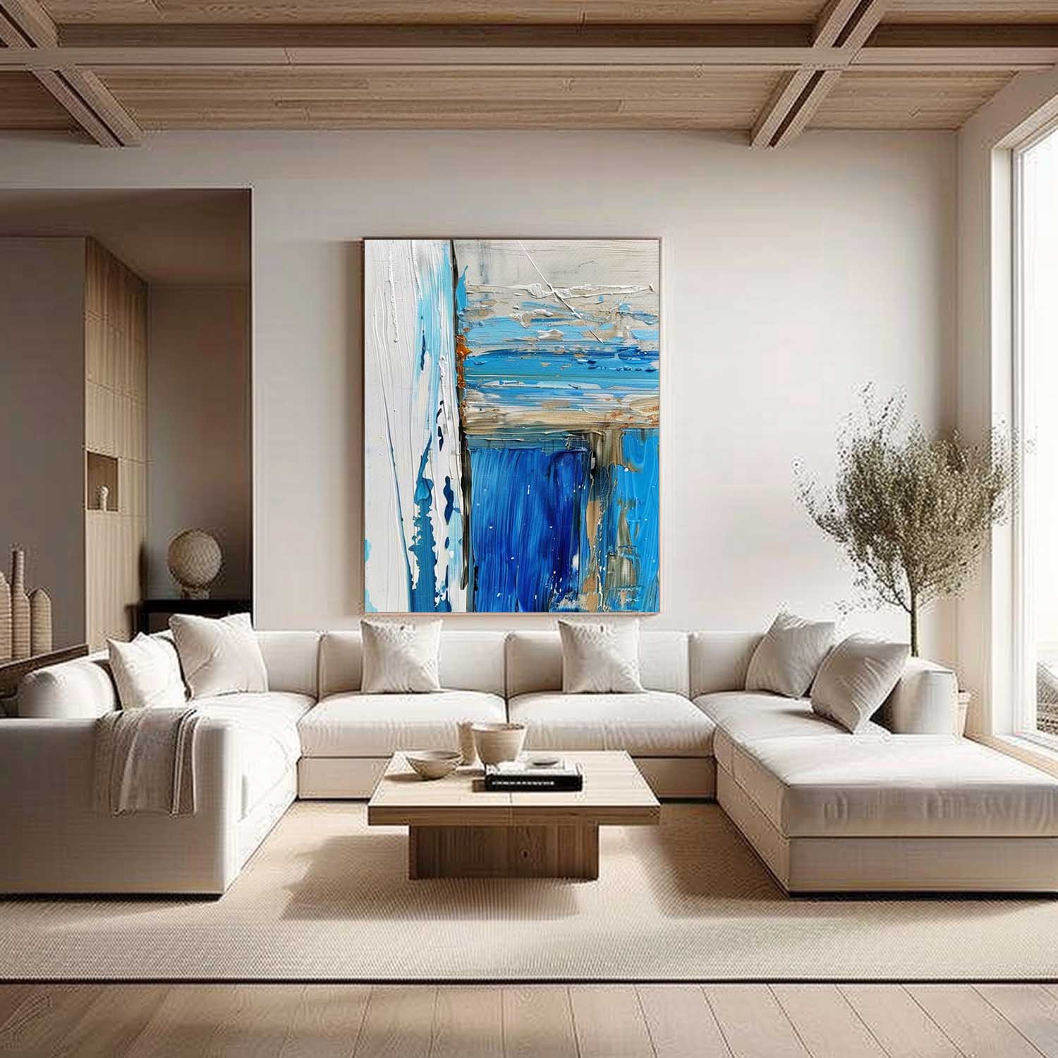Large Blue Abstract Textured Canvas Painting Blue and White Art Blue and White Abstract Wall Art Decor