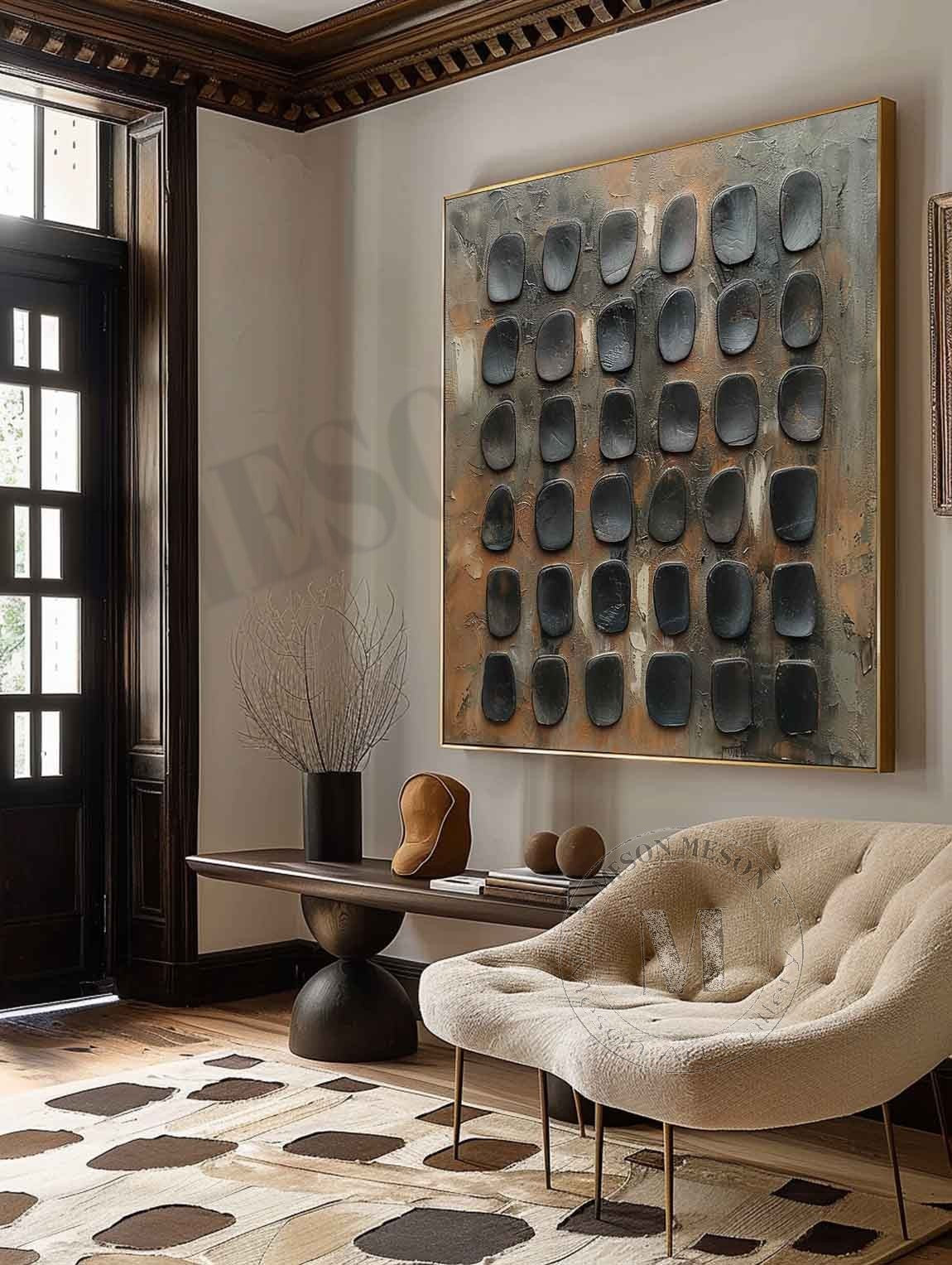 Large 3D Green and Black Abstract Canvas Art Wabi-Sabi Wall Art Green and Black Abstract Oil Painting