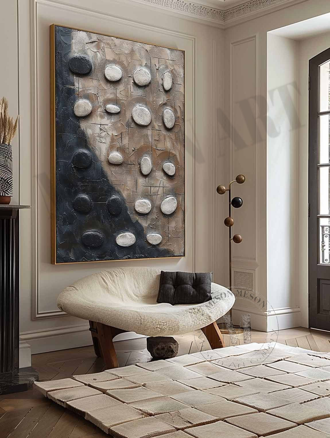 Large 3D Black and White Textured Painting Wabi Sabi Art Black and White Abstract Art for Sale