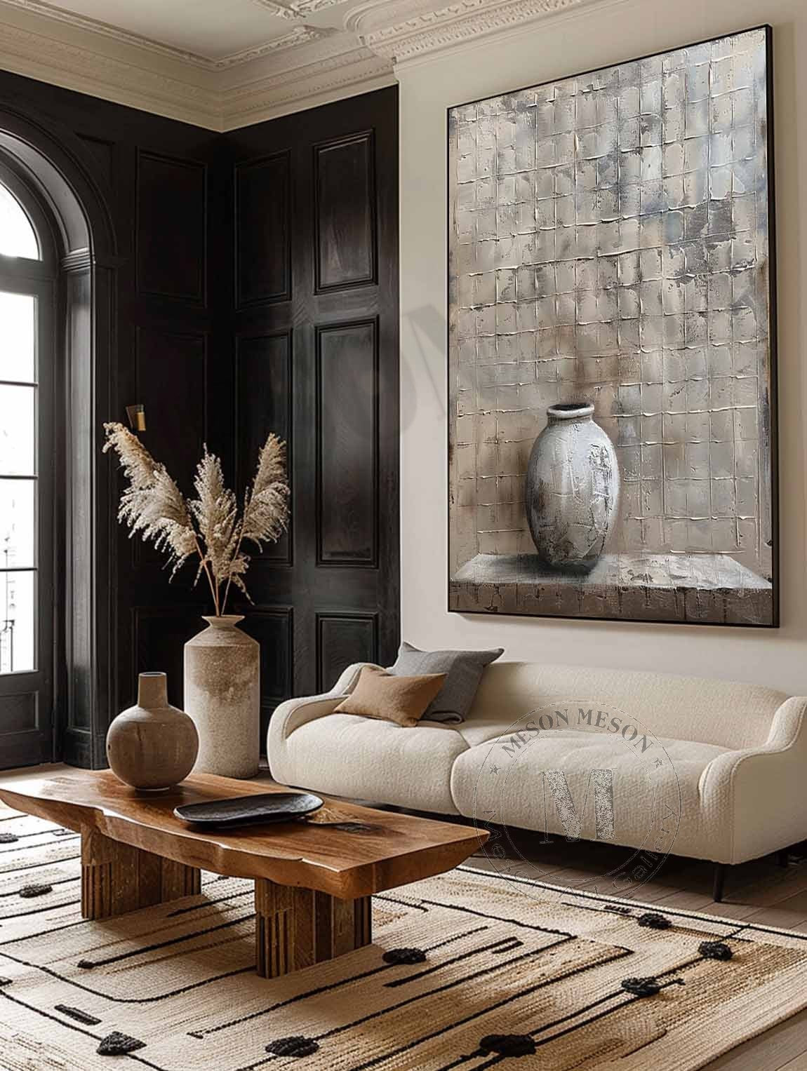 3D Gray Minimalist Abstract Art Gray Pottery Vase Minimalist Texture Painting Wabi-Sabi Wall Art