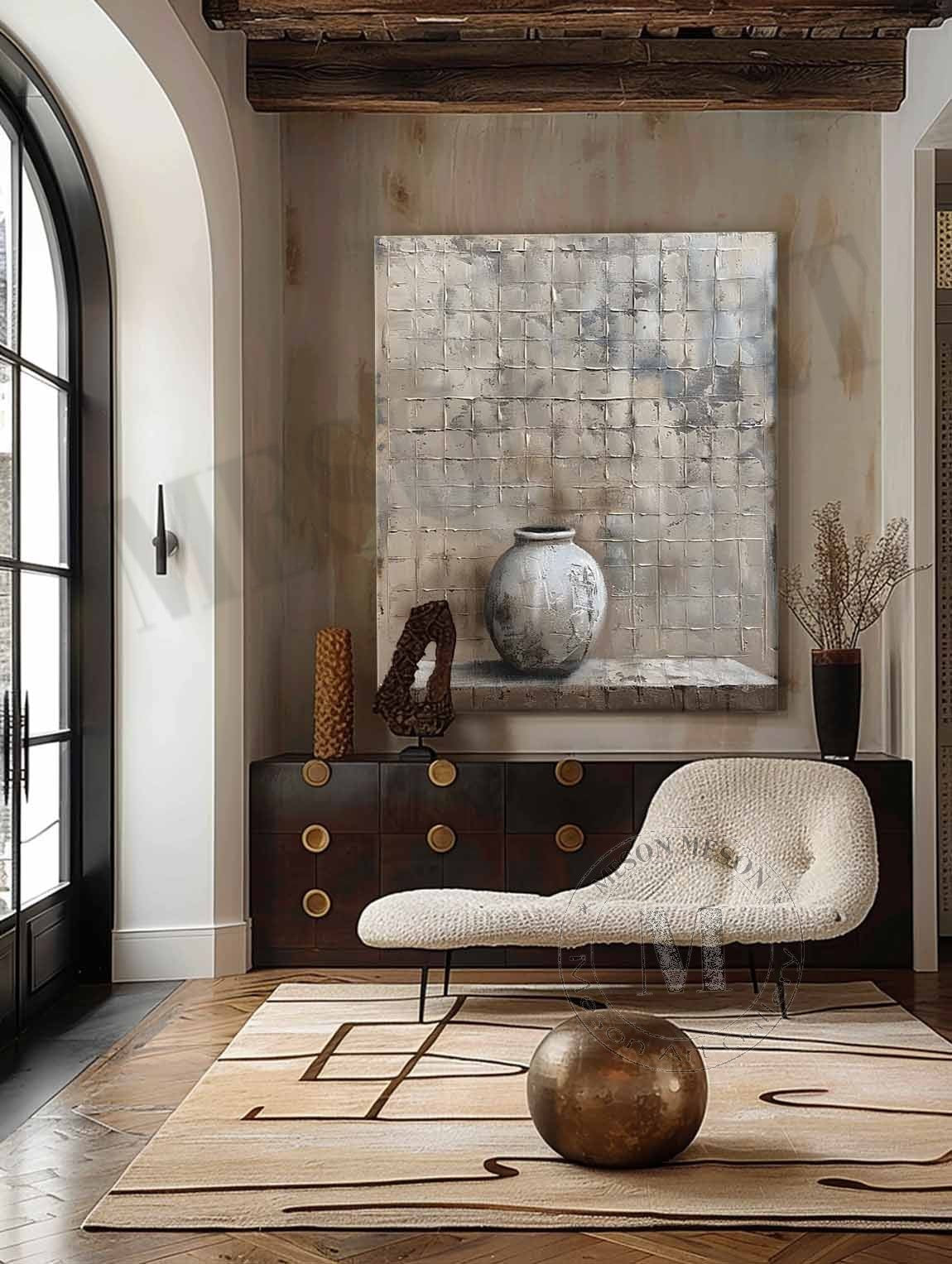 3D Gray Minimalist Abstract Art Gray Pottery Vase Minimalist Texture Painting Wabi-Sabi Wall Art