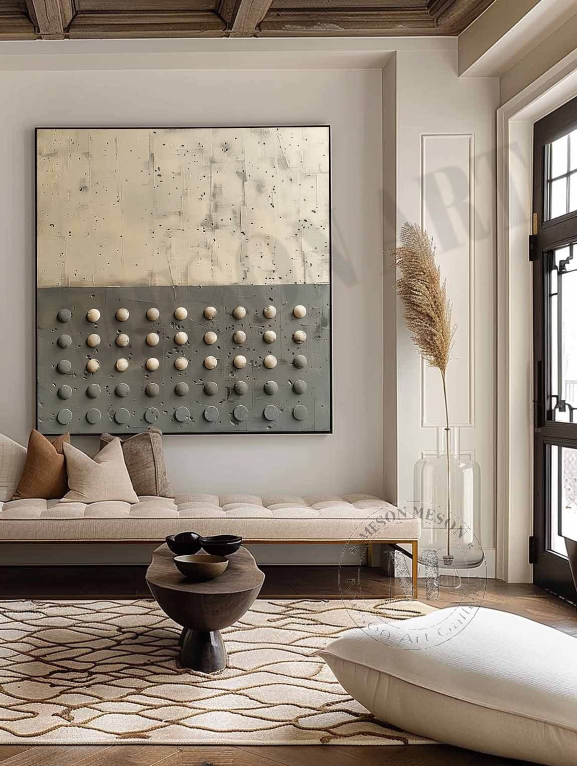 3D Beige and Green Minimalist Abstract Art Canvas Beige and Green Minimalist Textured Painting Wabi-Sabi Wall Art