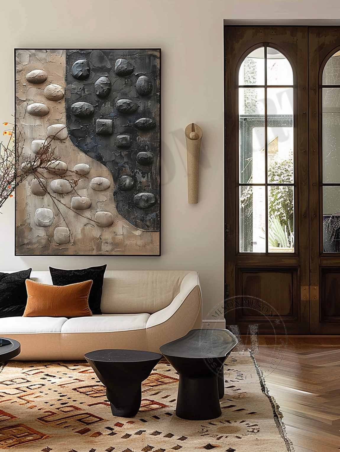 Large 3D Black and White Textured Painting Wabi-Sabi Art Black and White Abstract Wall Art