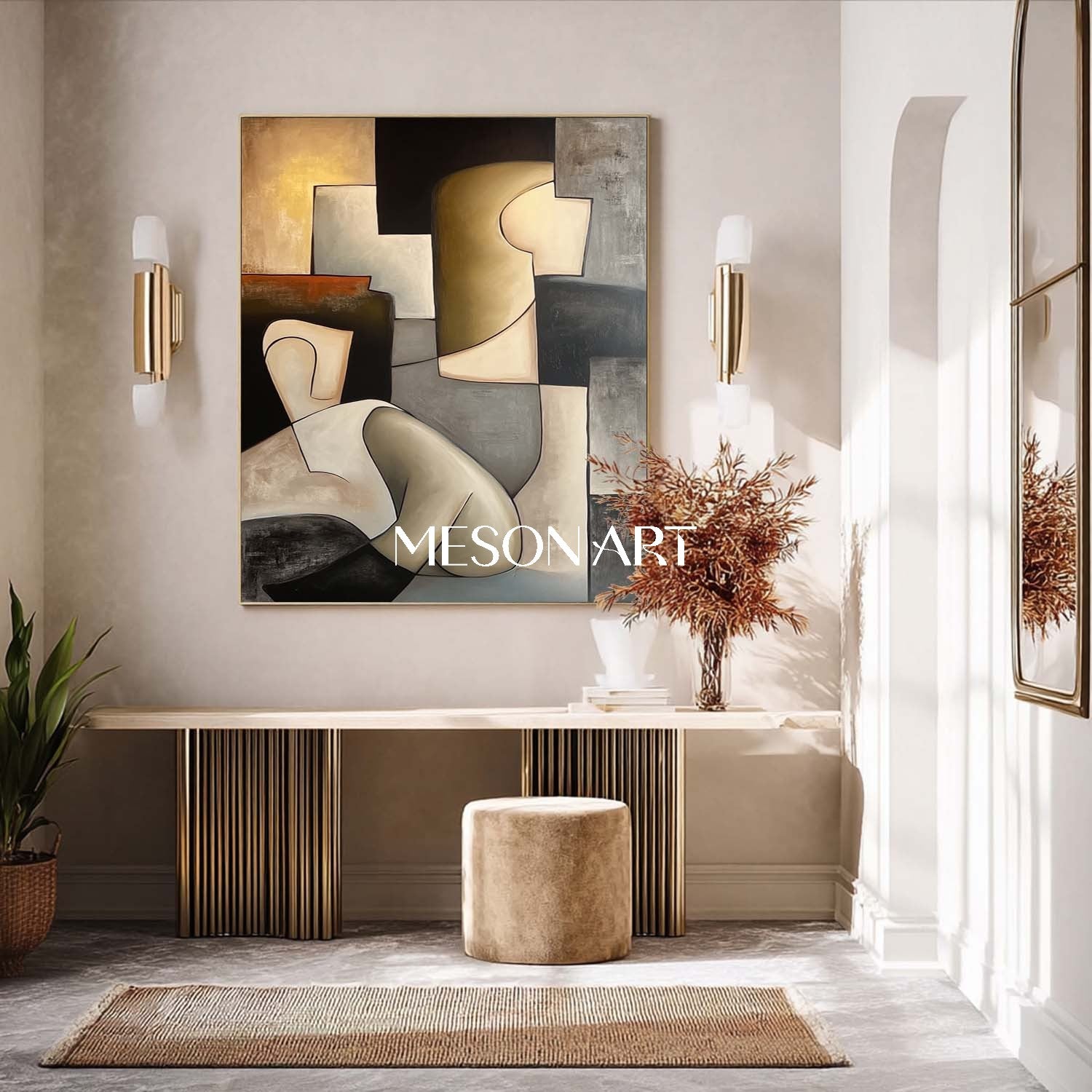 Large Picasso Style Cubist Oil Painting Black Gold Wall Art Bathroom