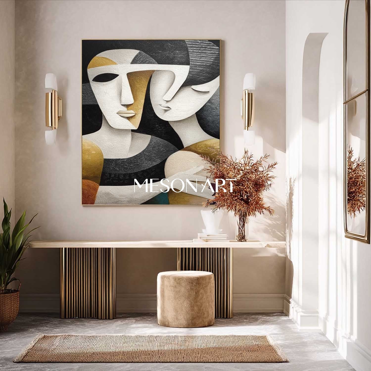 Large Black Textured Vertical Cubist Figure Art Minimalist Wall Decor