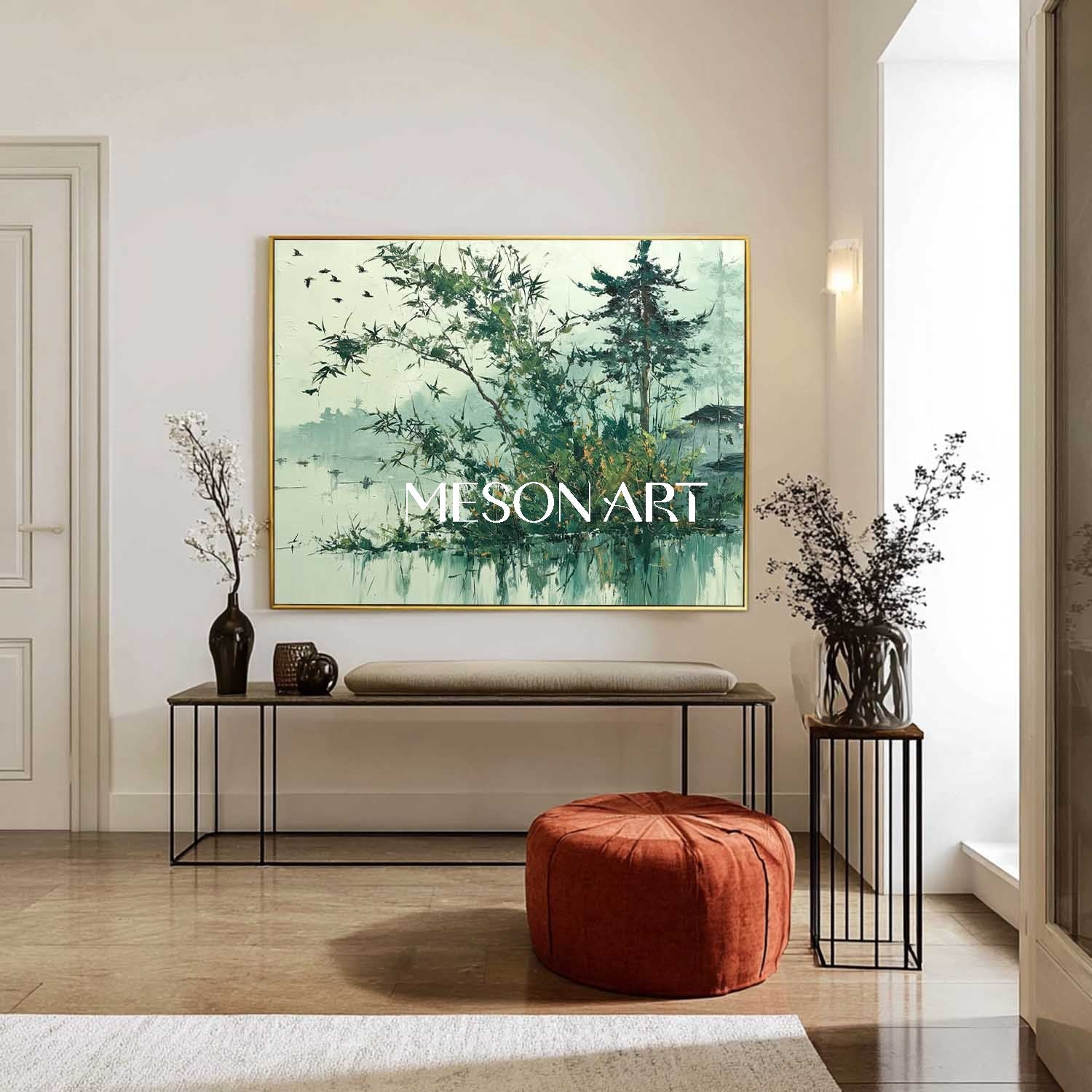 Japanese Wabi-Sabi Wall Art – Textured Nature Scene in Greens