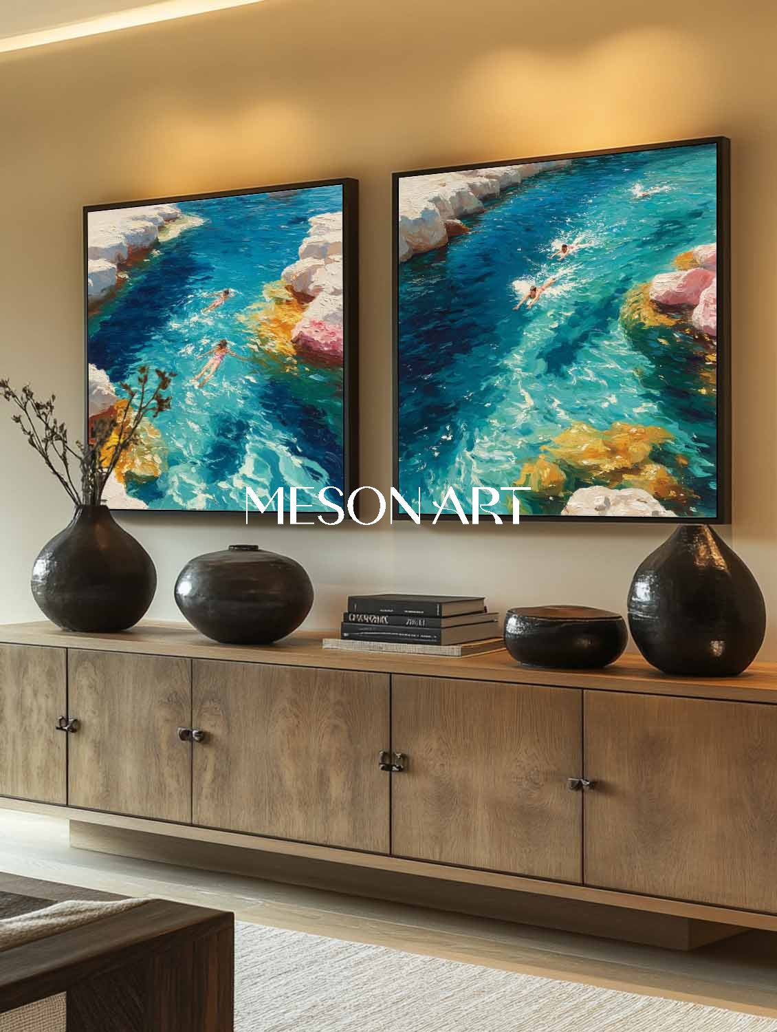 Large Seaside Swimming Canvas Art 2 Piece Set For sale Summer Holiday Wall Paintings