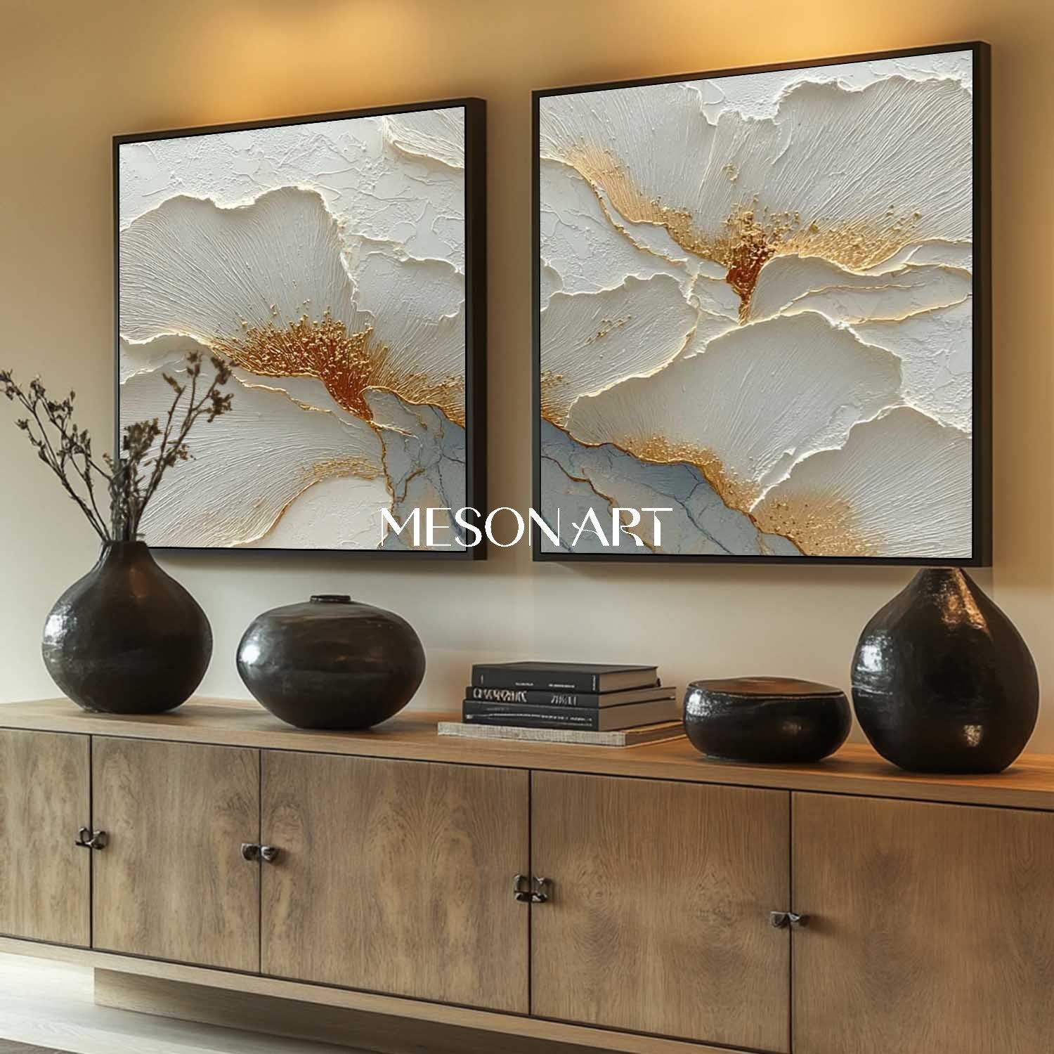 Luxury White and Gold Plaster Canvas Art, Elegant Plaster Flower Paintings for Home Decor
