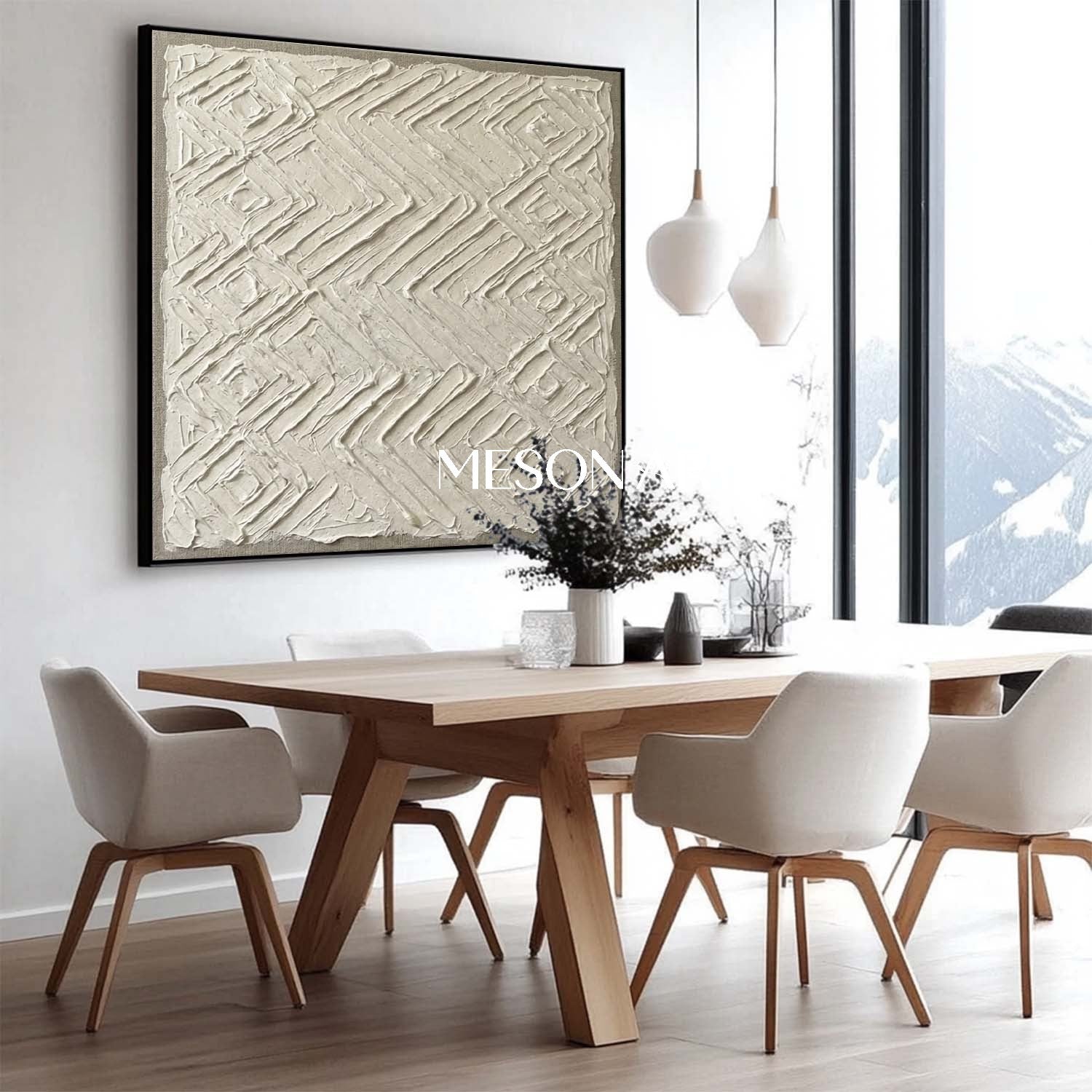 Handmade Textured Canvas Art White Aztec Relief With Gold Frame Neutral Boho Decor For Living Room