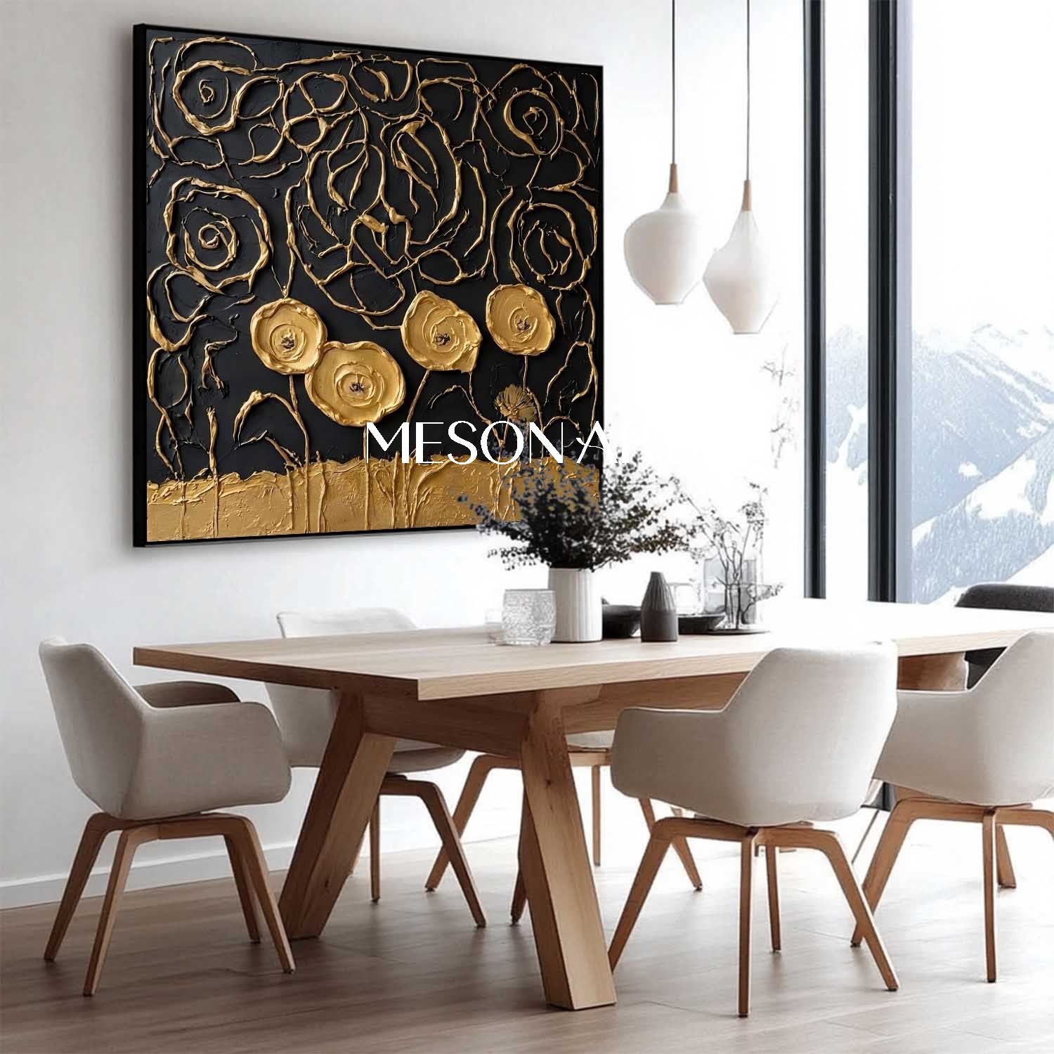 Black And Gold Abstract Rose Swirl Art | 3D Line Texture Decor