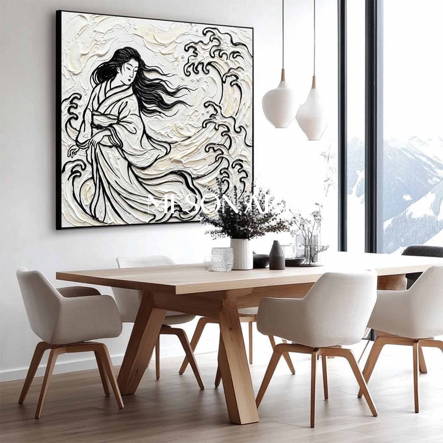 MESON ART | 3D Textured Wave & Lady Square Canvas - Gold Framed