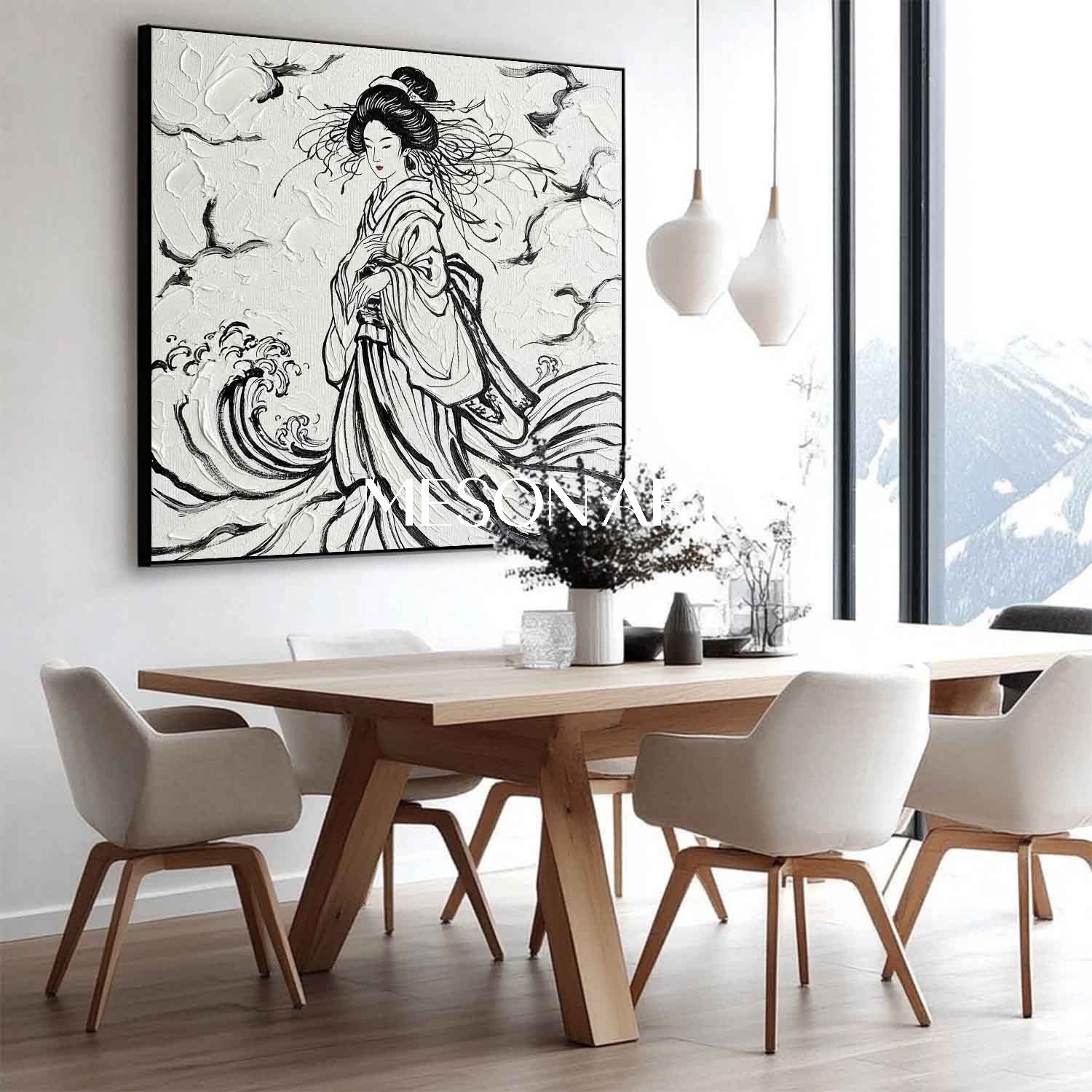 Hand Painted 3D Textured Geisha Canvas Art | Black And White Abstract Asian Wall Decor For Living Room