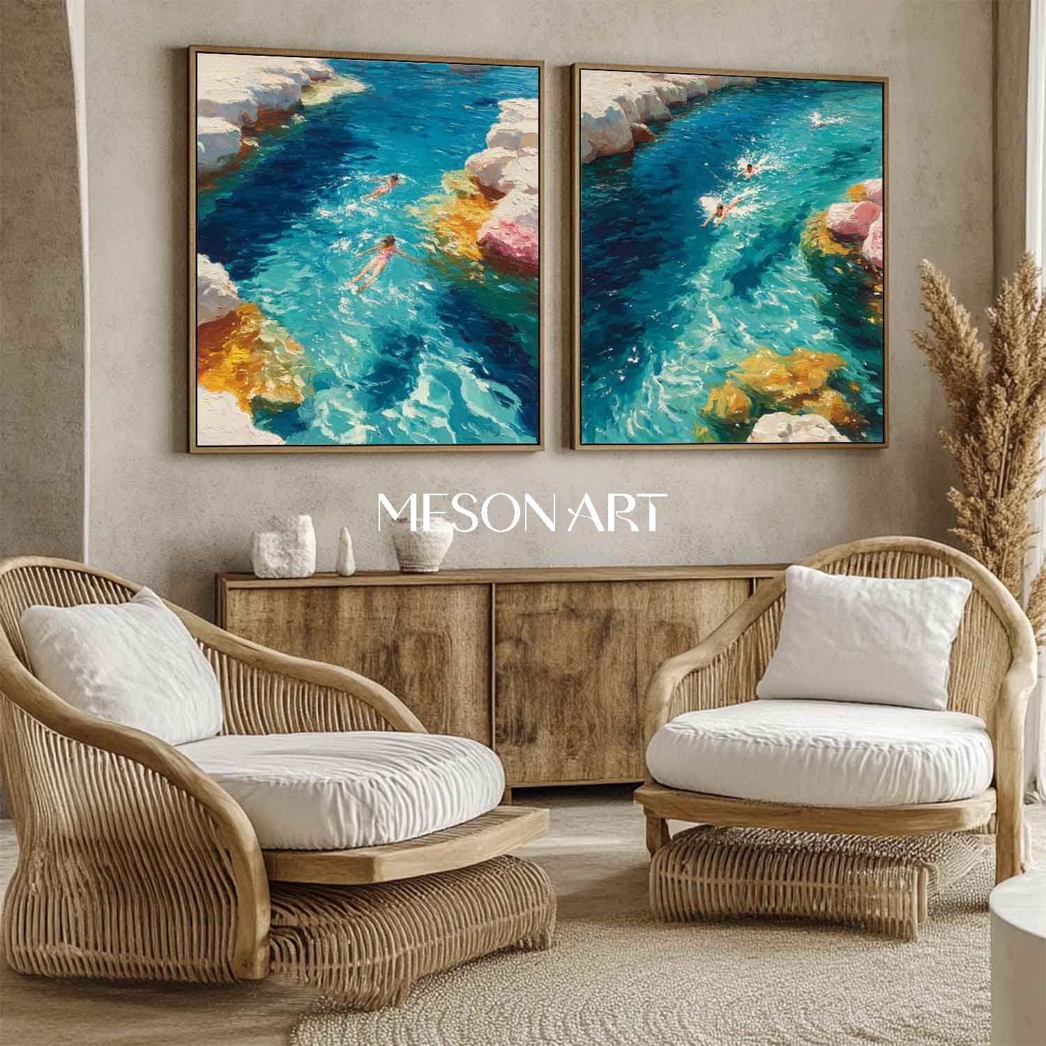 Large Seaside Swimming Canvas Art 2 Piece Set For sale Summer Holiday Wall Paintings