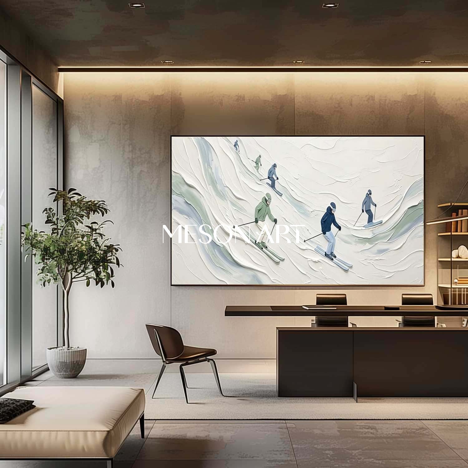 3D Textured White Snow Skiing Panoramic Canvas Wall Art for Modern Home